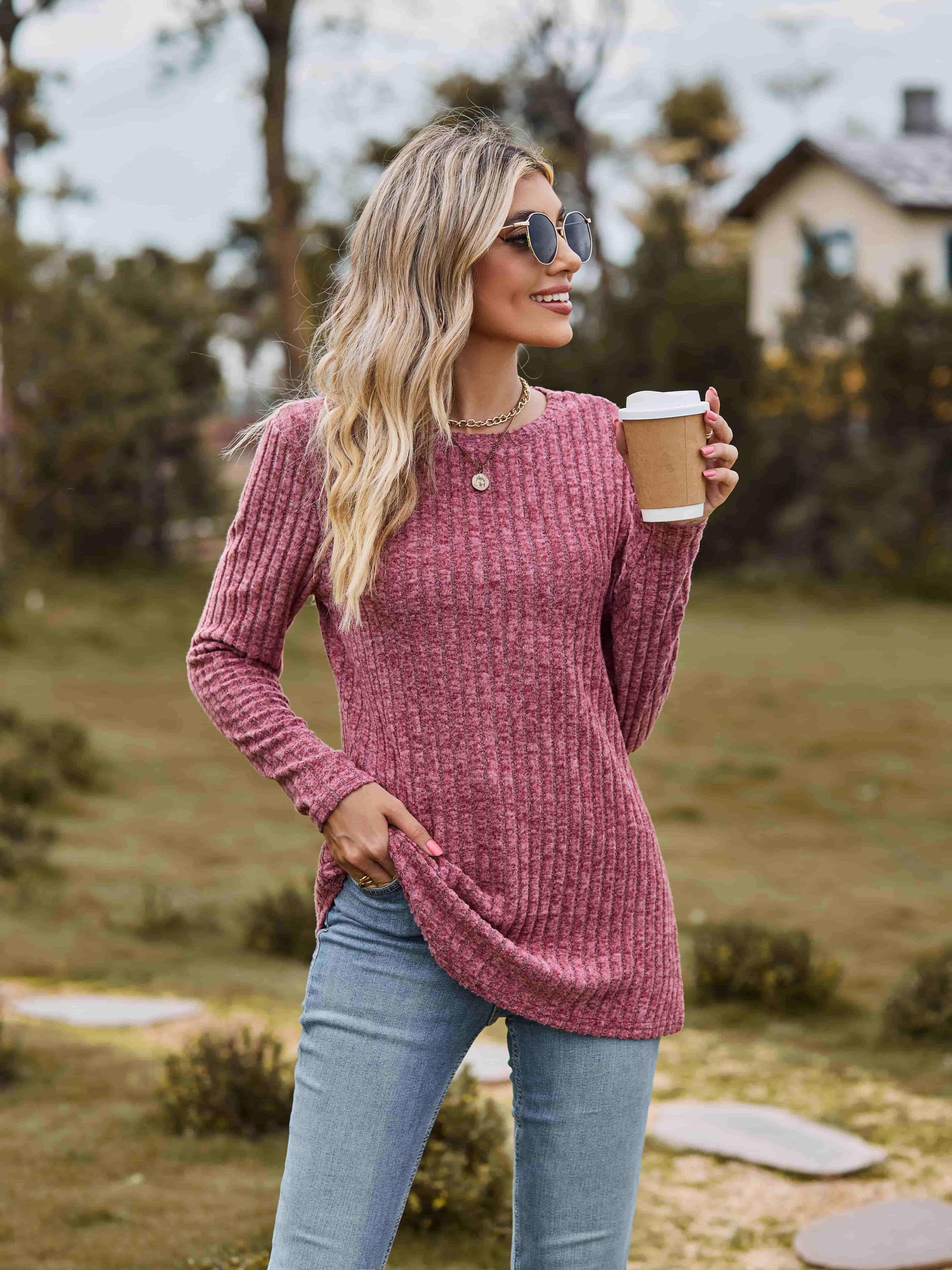 Ribbed Round Neck Long Sleeve Tee For Everyday Wear - Southern Shores Clothing