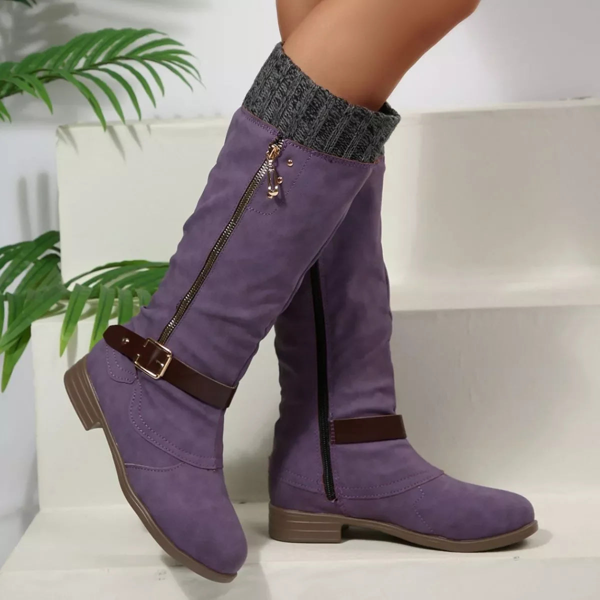 Round Toe Block Heel Boots Suede Rubber Casual