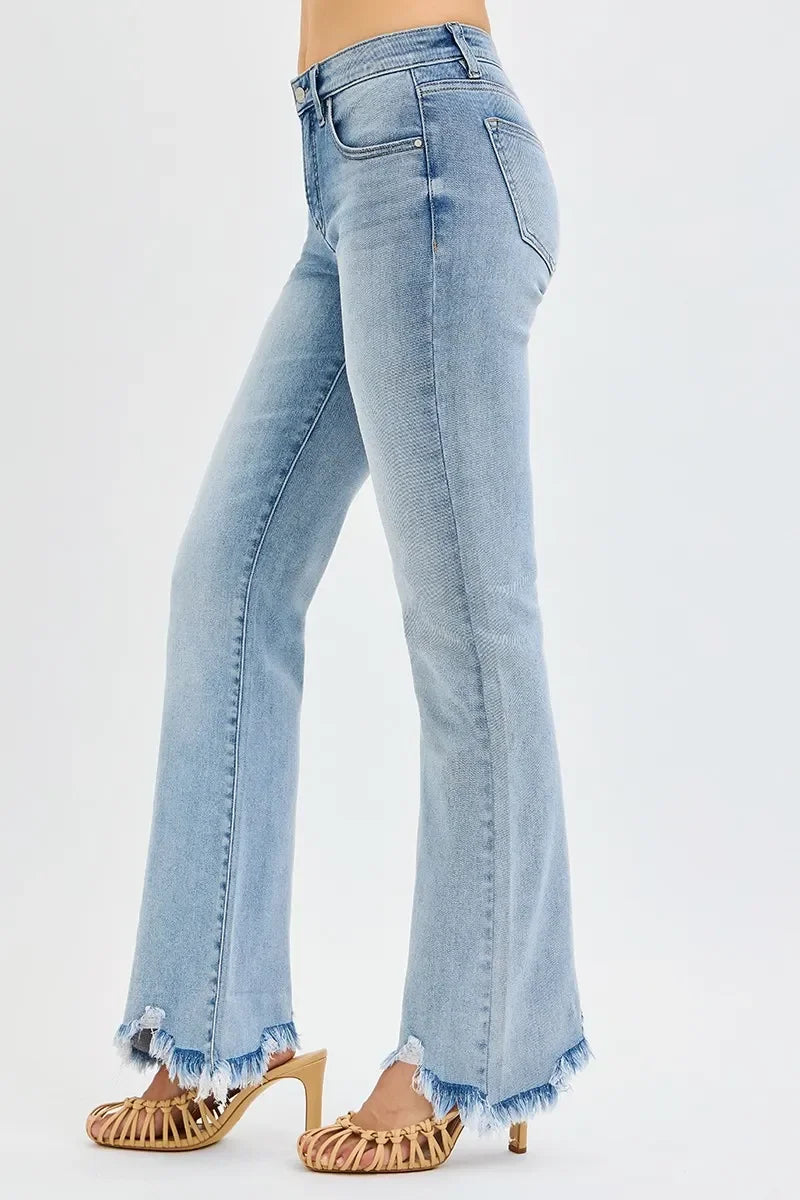 Tummy Control Mid Rise Flare Jeans Plus Size Fray Hem - Southern Shores Clothing