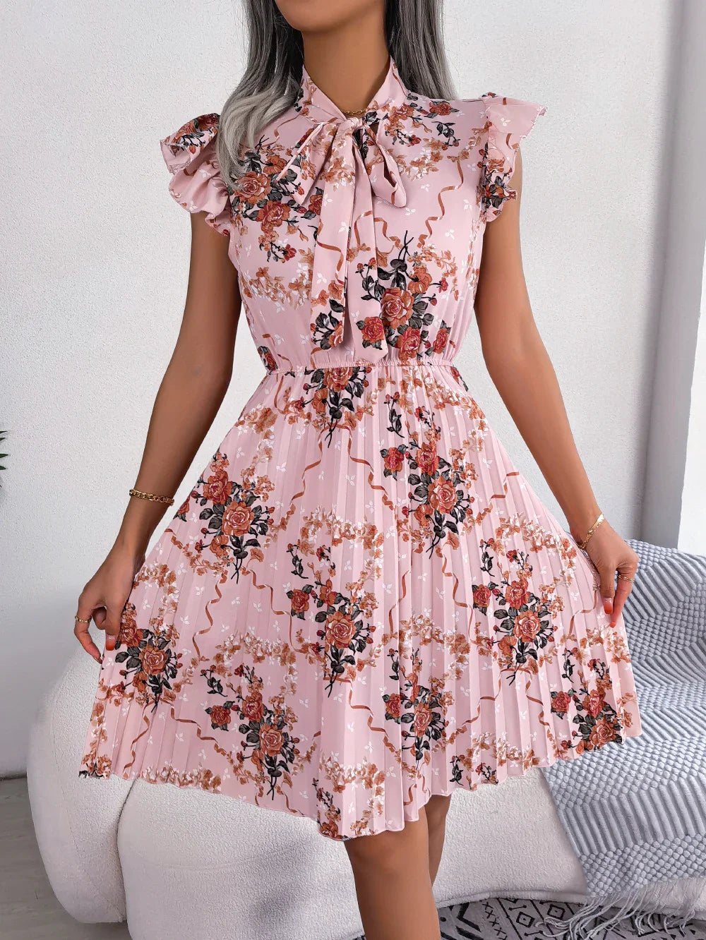 Pleated Floral Printed Tie Neck Knee Length Dress - Southern Shores Clothing