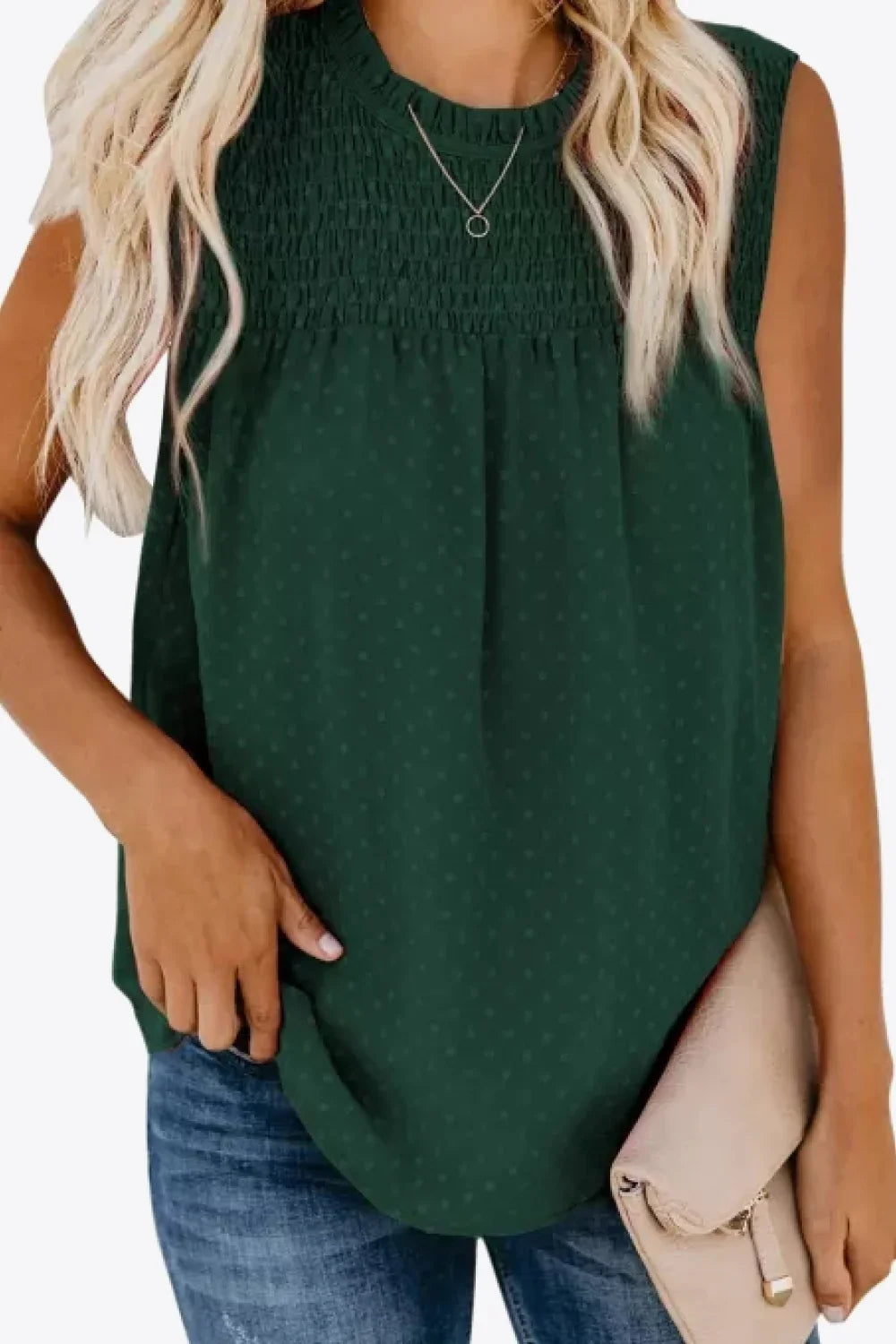 Smocked Tie Back Frill Trim Tank Top With Swiss Dot - Southern Shores Clothing
