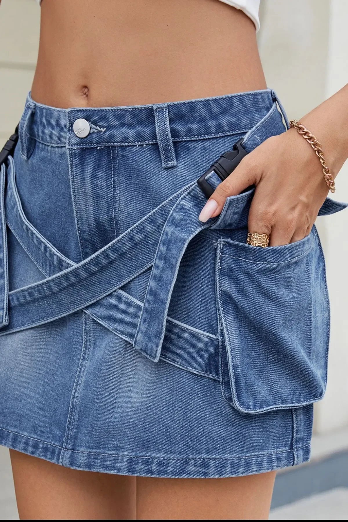 Denim Mini Skirt With Criss-Cross Waist Detail - Southern Shores Clothing