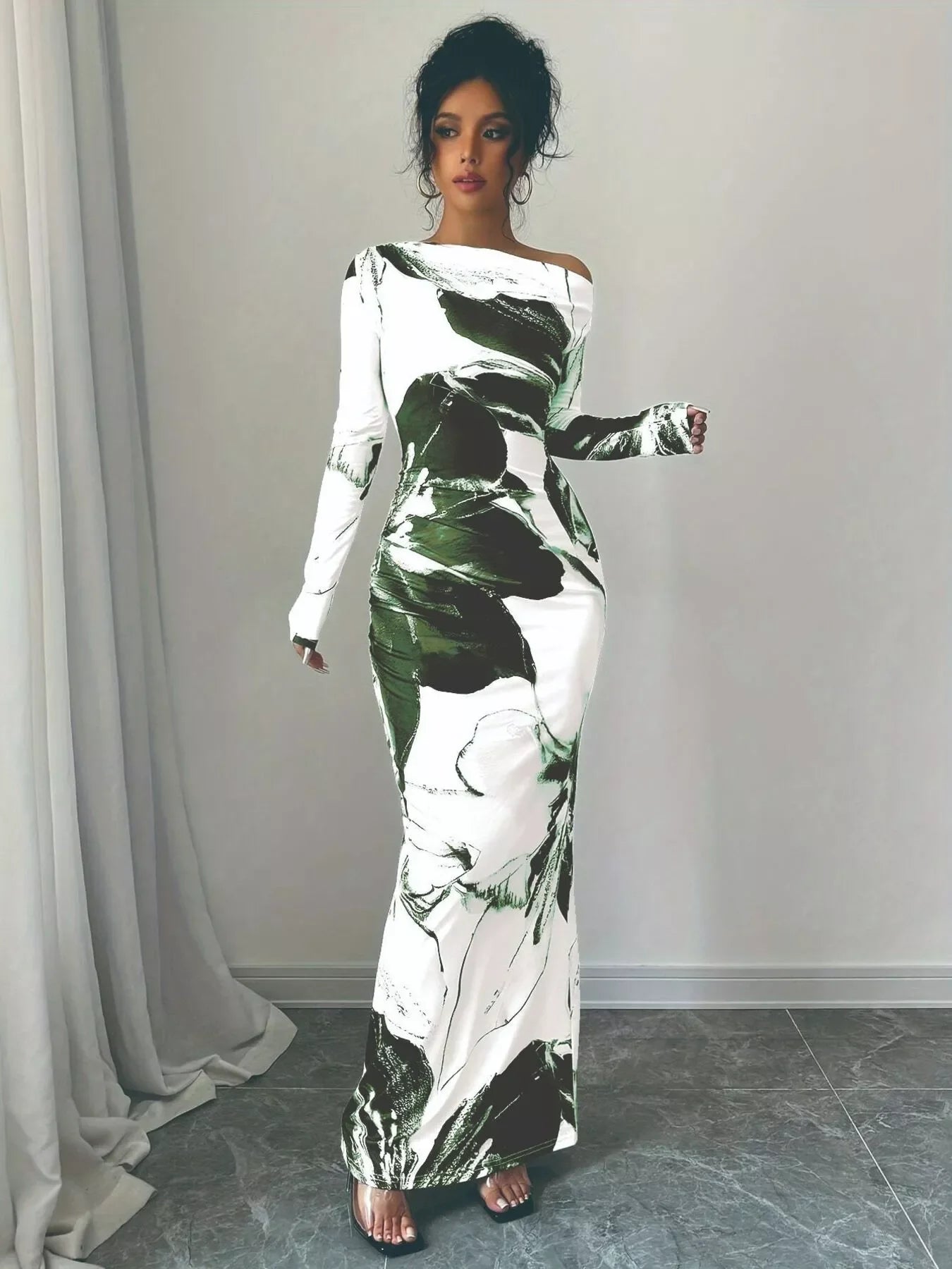 Floral One Shoulder Long Sleeve Maxi Dress - Southern Shores Clothing