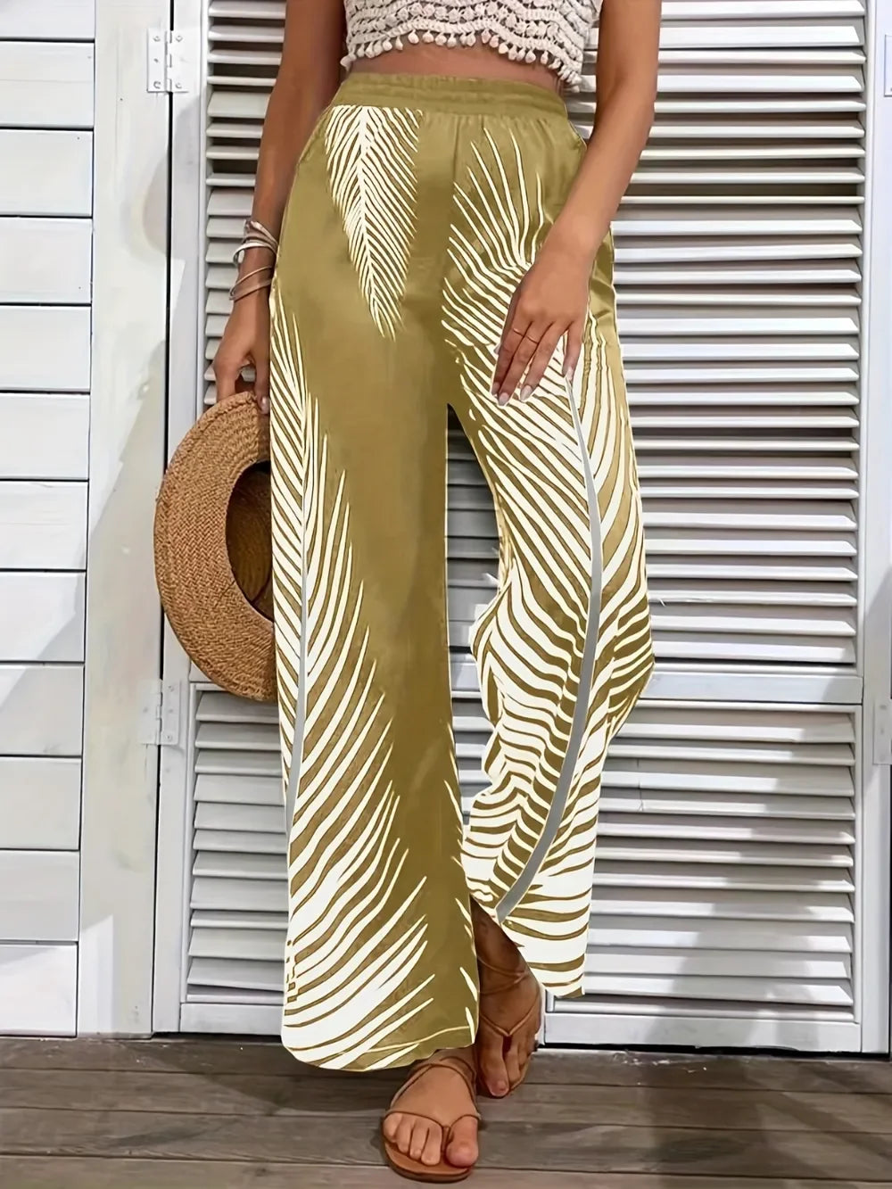 Printed Wide Leg Pants With Stretch Fabric Coastal Style - Southern Shores Clothing