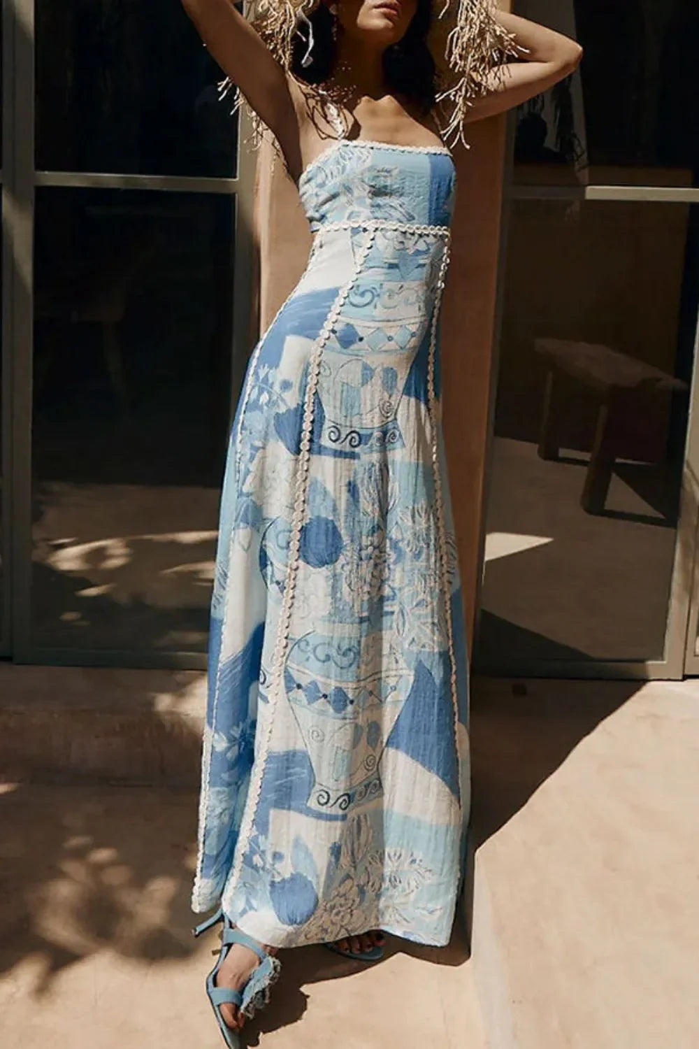 Boho Patchwork Printed Square Neck Maxi Dress With Cutout Back - Southern Shores Clothing