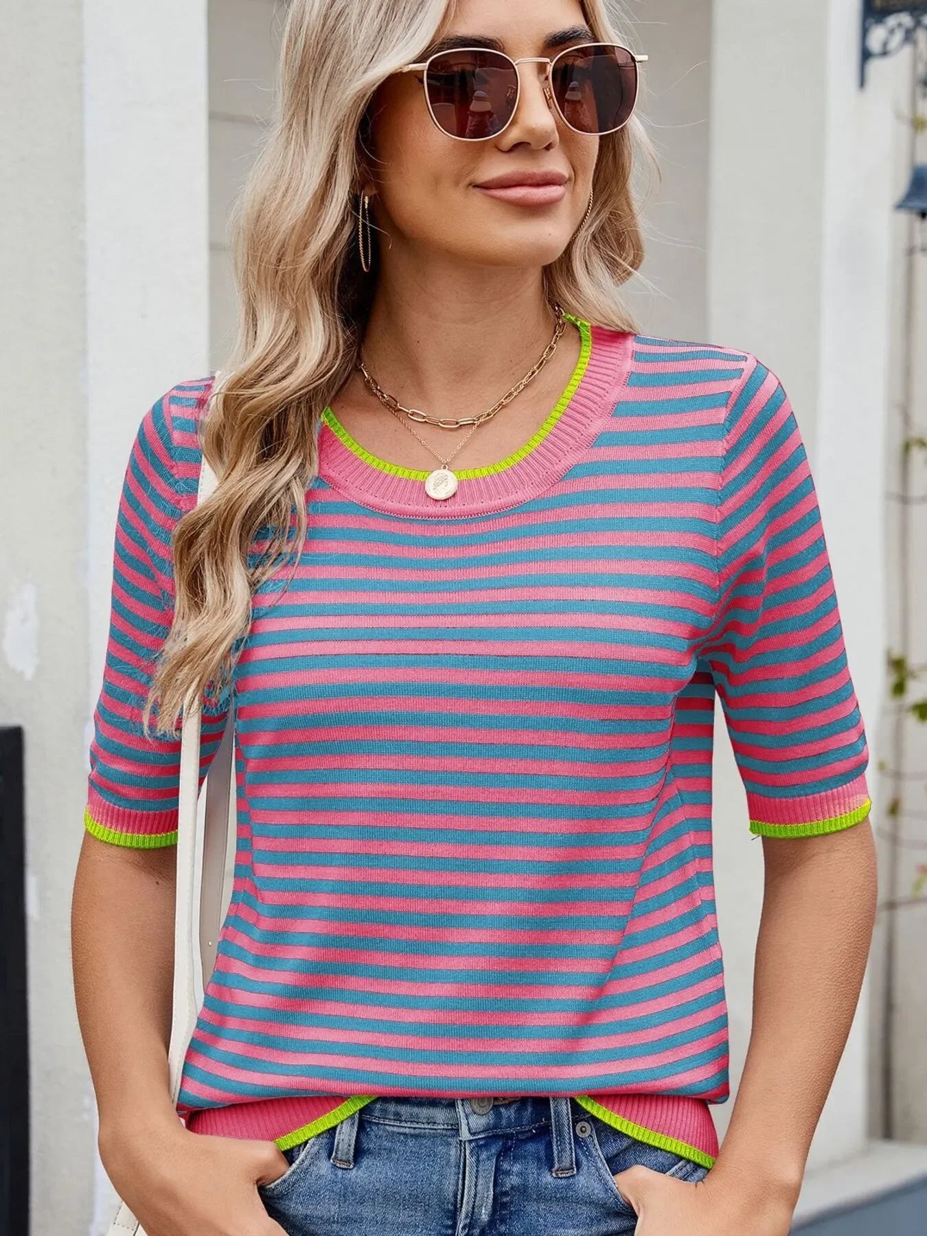 Striped Casual T-Shirt With Contrast Trim Basic Fit - Southern Shores Clothing