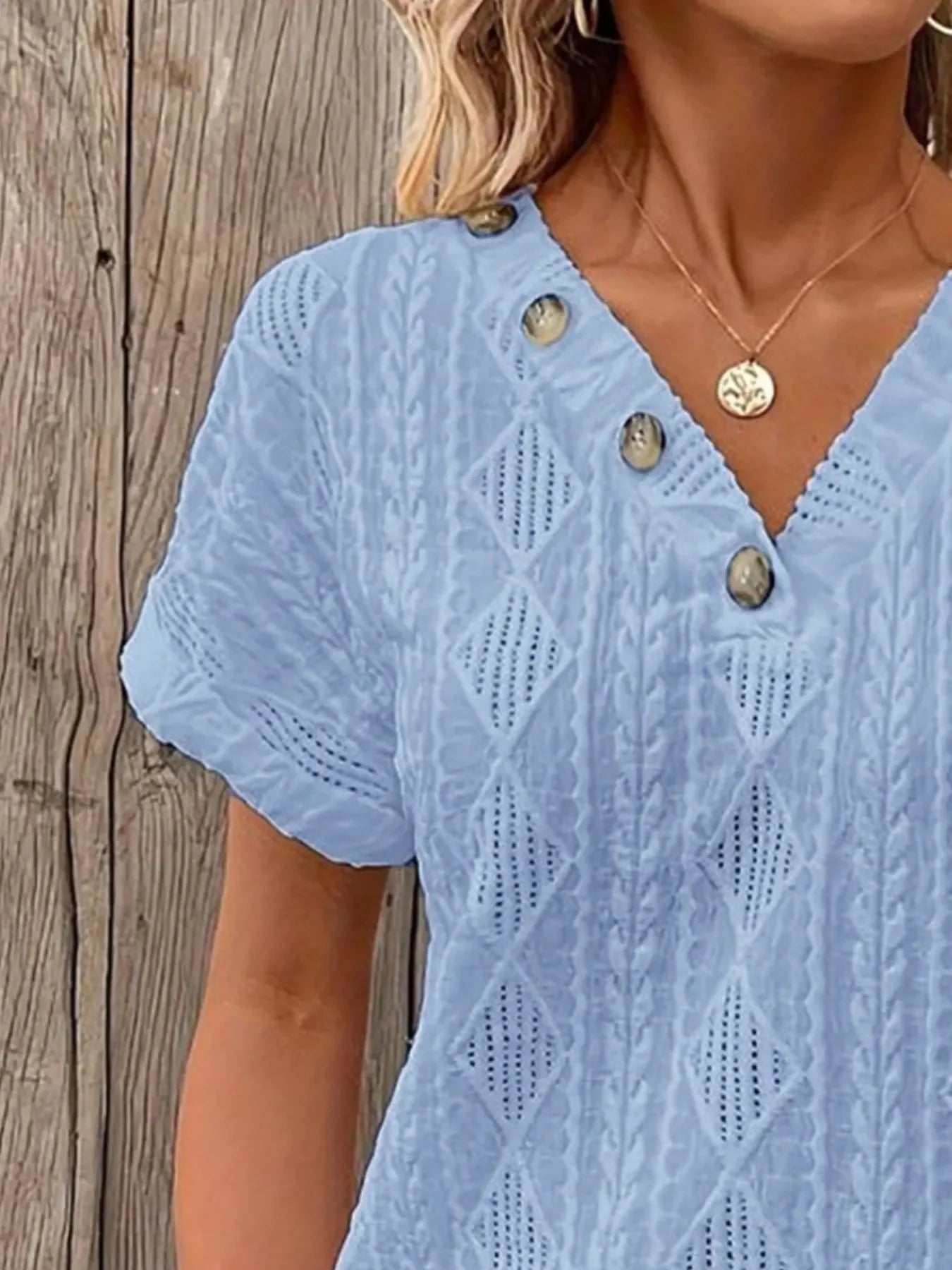 Textured V-Neck Short Sleeve Buttoned Top With Openwork - Southern Shores Clothing
