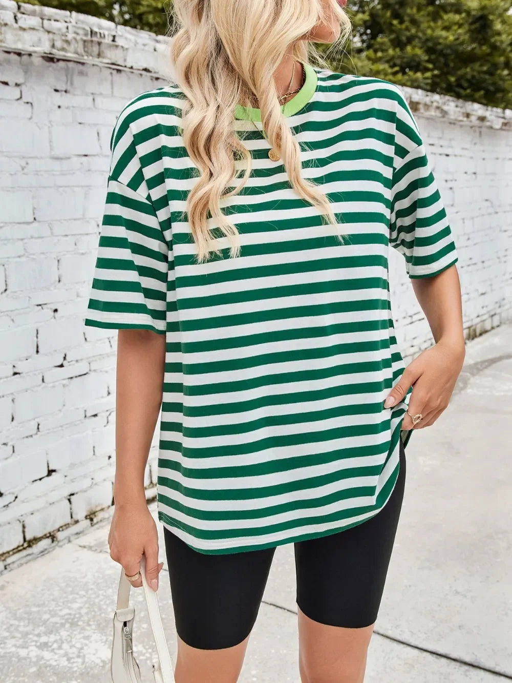 Striped Round Neck Half Sleeve Stretchy T Shirt - Southern Shores Clothing