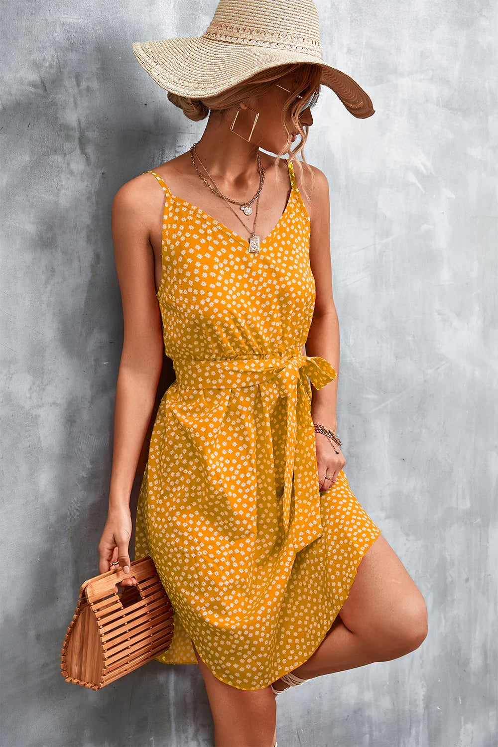 Printed V-Neck Tie Waist Mini Dress - Southern Shores Clothing