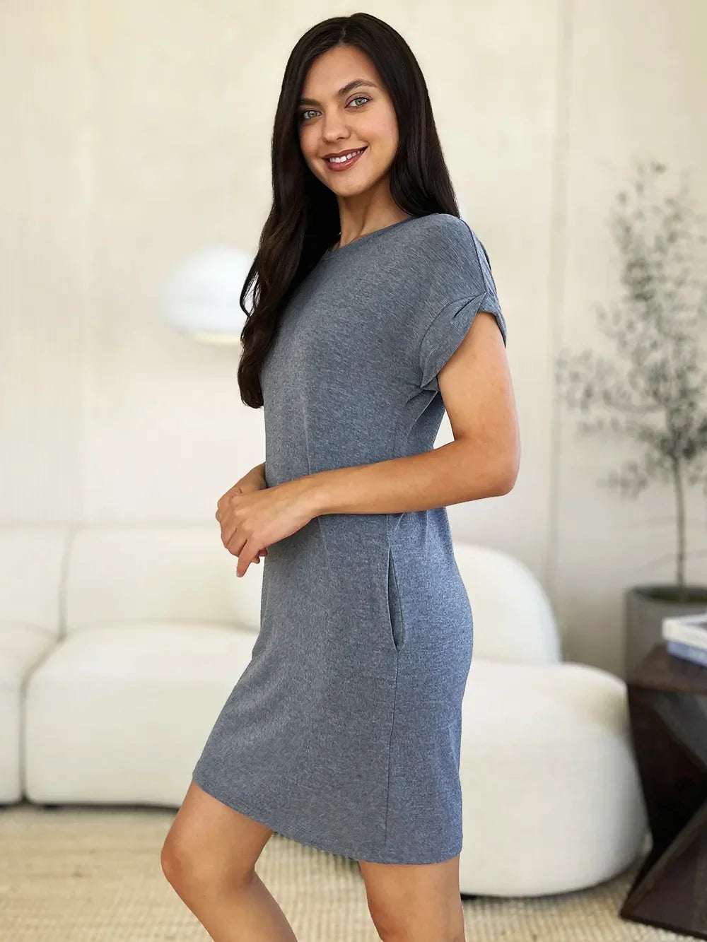 Round Neck Short Sleeve Dress With Pockets - Southern Shores Clothing