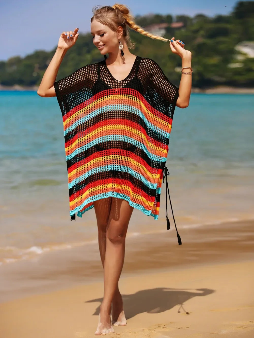Angel Wings Striped Cutout Cover Up One Size Tassel - Southern Shores Clothing