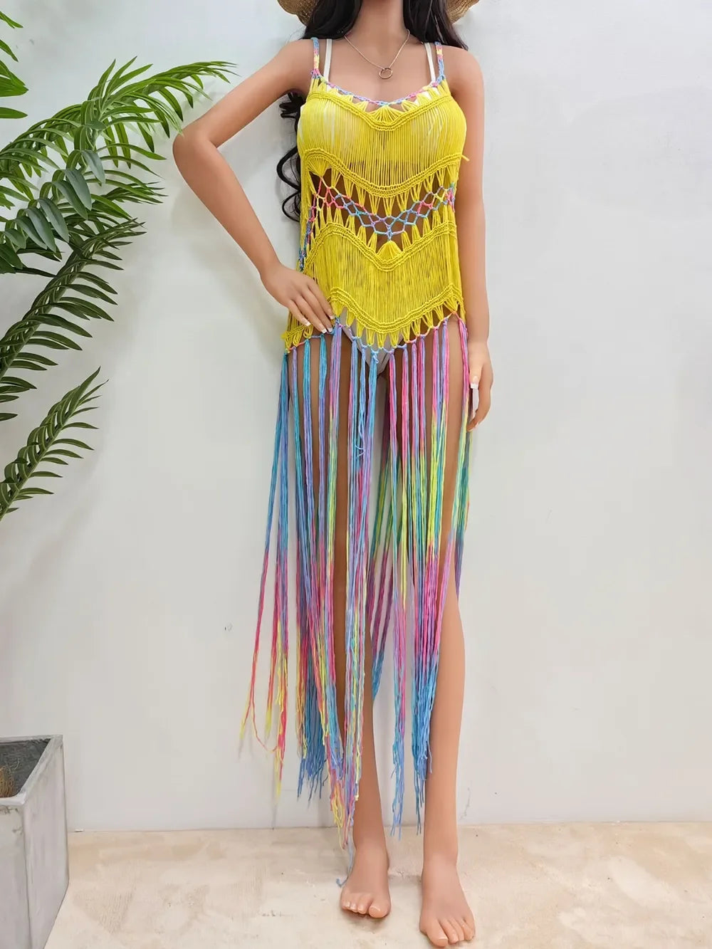 Fringe Scoop Neck Spaghetti Strap Cover Up One Size - Southern Shores Clothing
