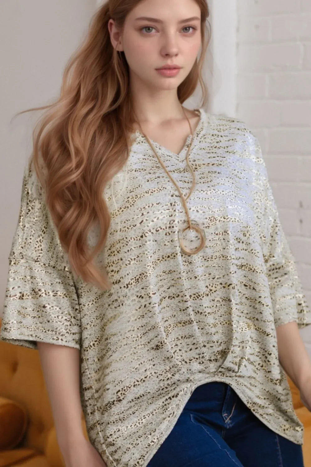 Leopard Print Half Sleeve V Neck Loose Fit T Shirt - Southern Shores Clothing