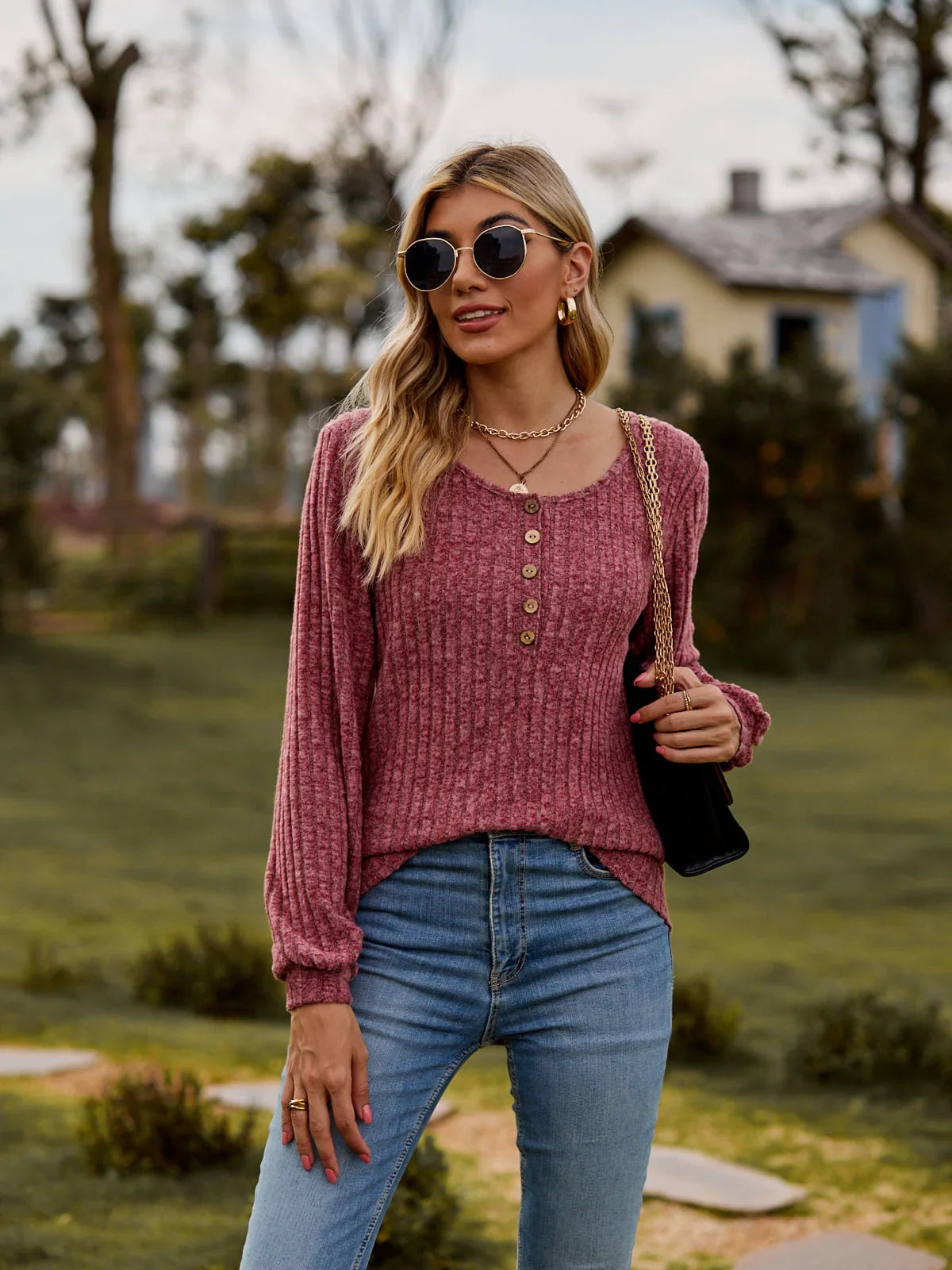Stretchy Heathered Round Neck Button-Down Long Sleeve Tee - Southern Shores Clothing