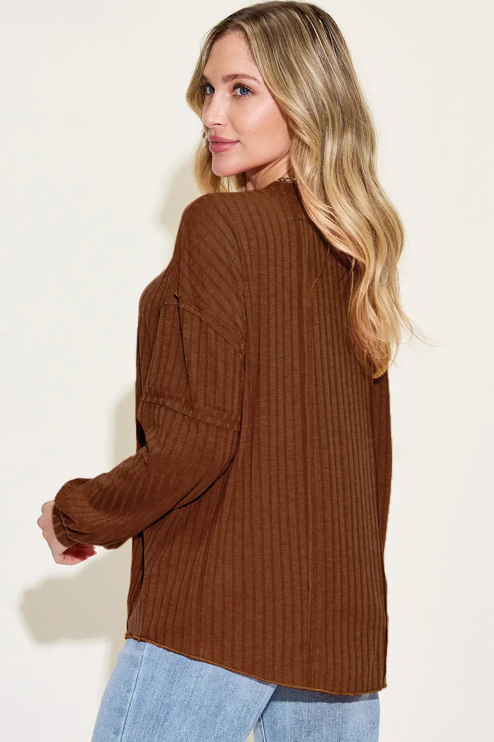 Ribbed Round Neck Long Sleeve T Shirt Basics - Southern Shores Clothing