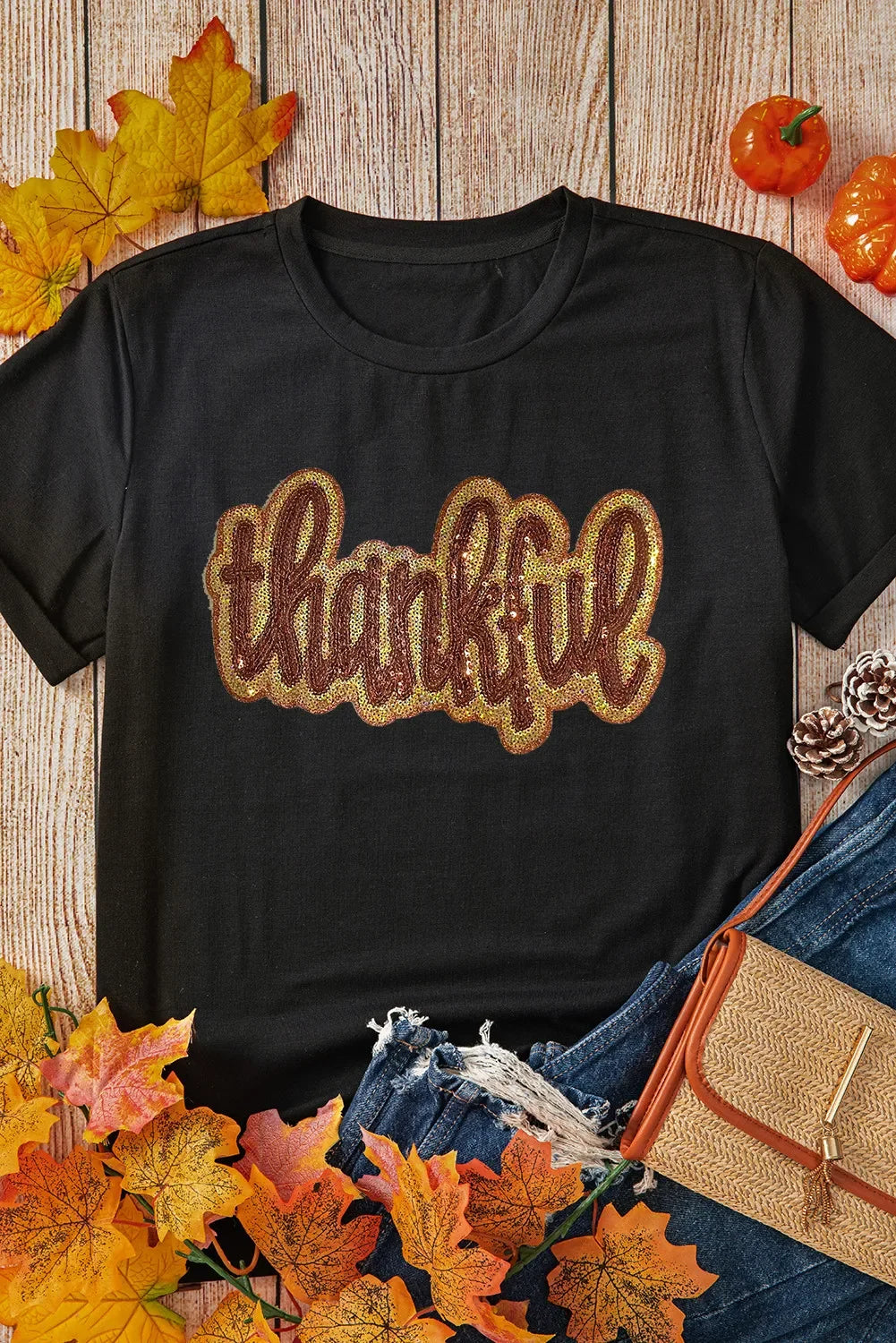 Thankful Sequin Round Neck Short Sleeve T Shirt - Southern Shores Clothing