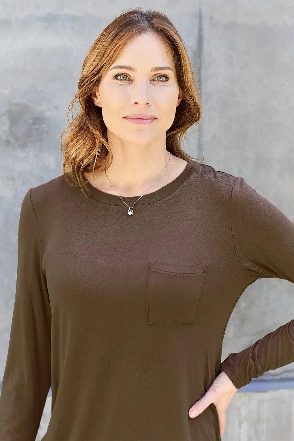 Round Neck Long Sleeve Top With Pockets Classic - Southern Shores Clothing