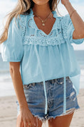 Breathable Cotton Blouse With Eyelet Lace Trim Puff Sleeves - Southern Shores Clothing