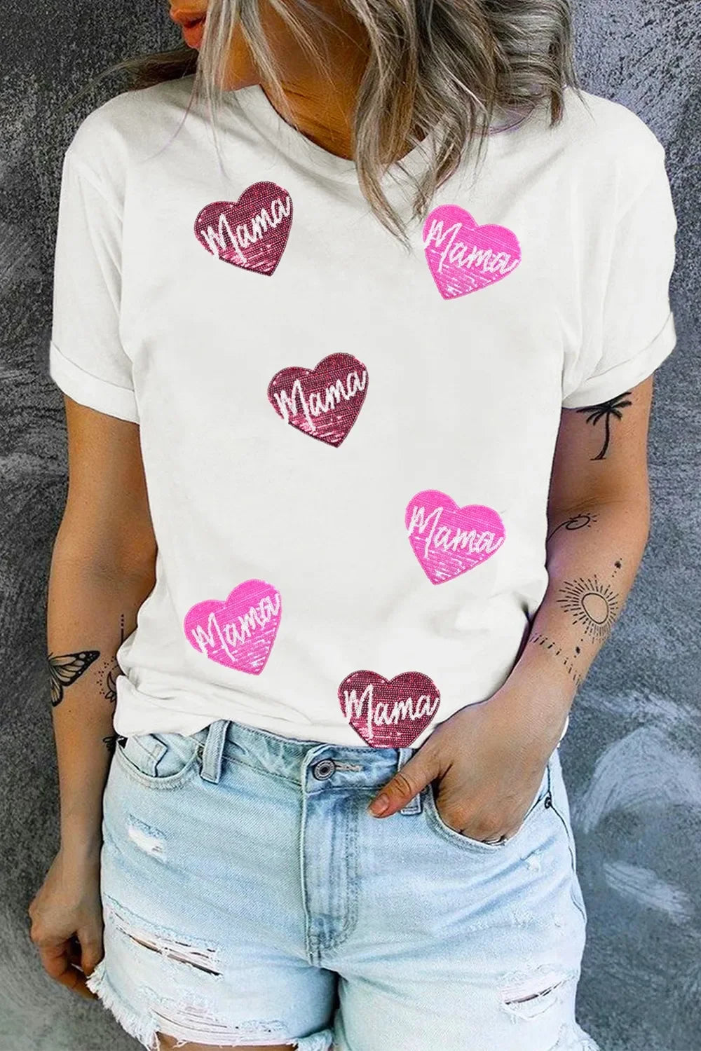 Heart Shape Sequin Patched Crew Neck T Shirt - Southern Shores Clothing