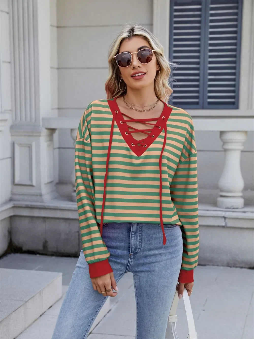 Lace-Up Striped Long Sleeve T-Shirt - Southern Shores Clothing