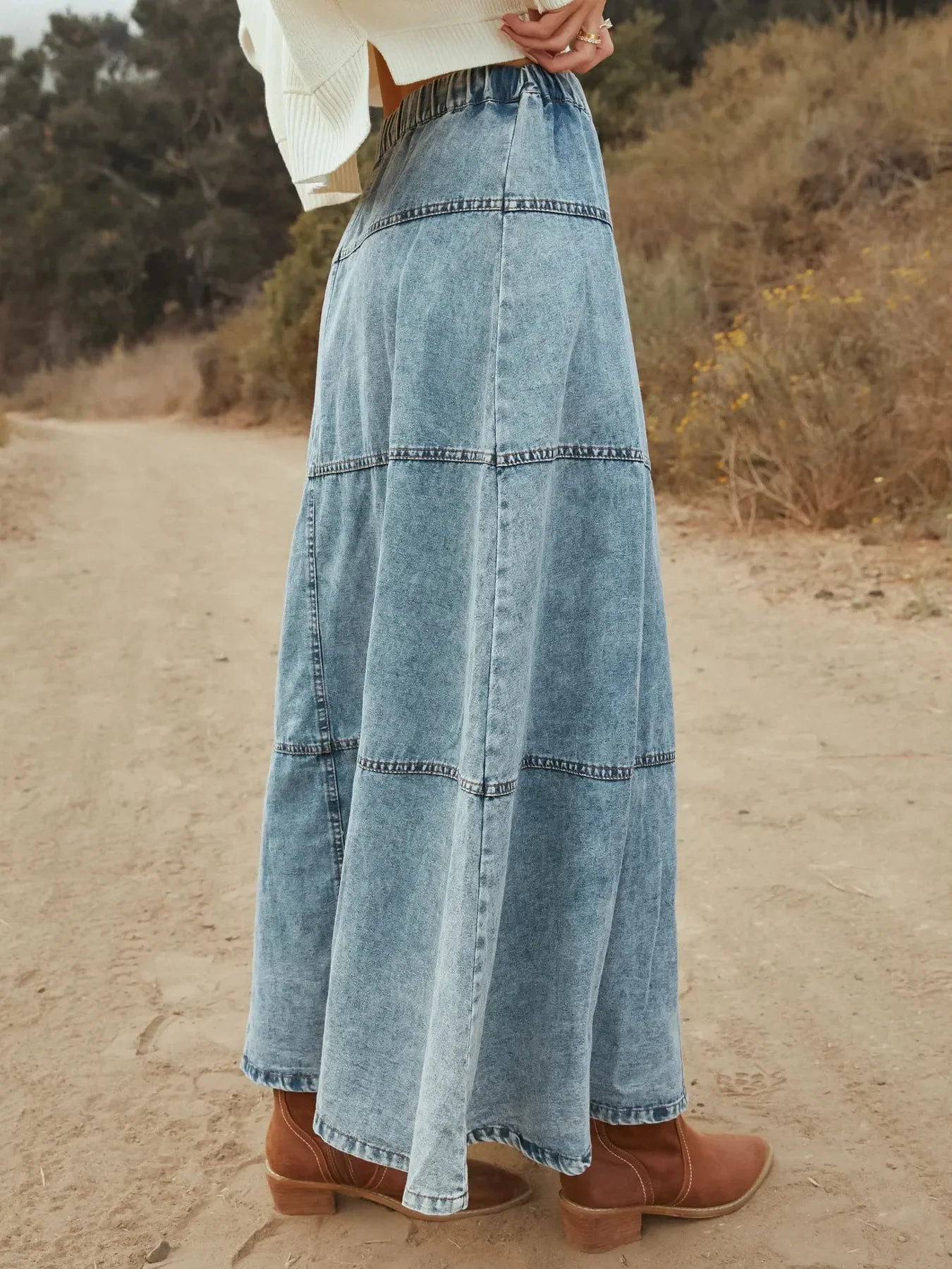Button Front Tiered Maxi Denim Skirt Flowing - Southern Shores Clothing