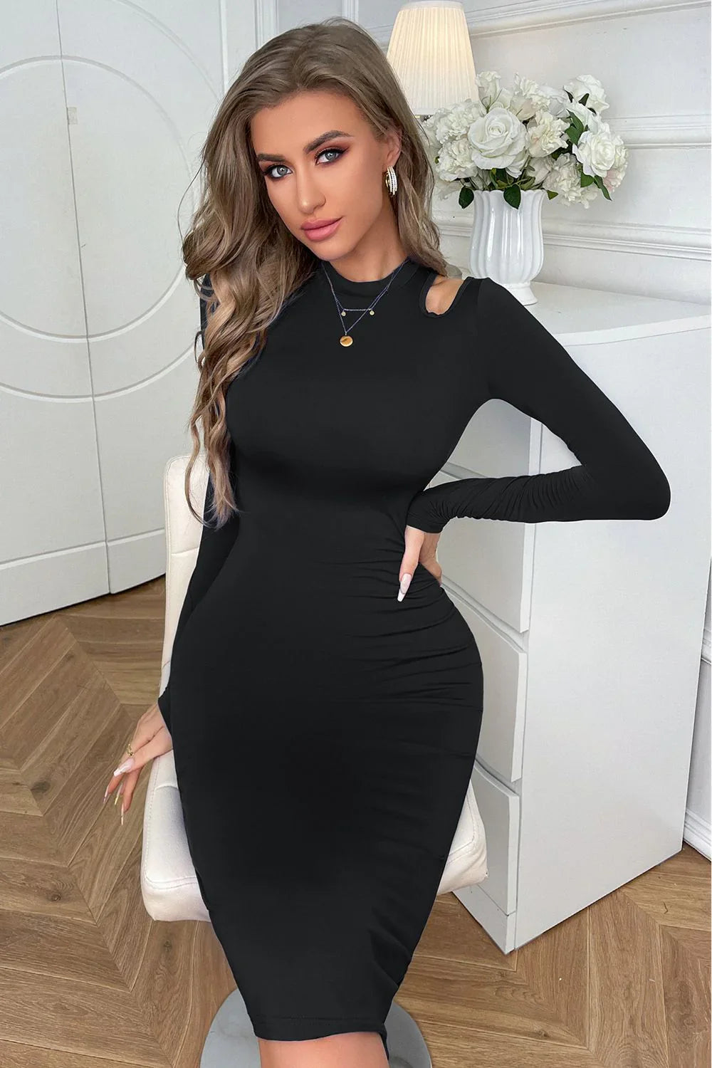 Cutout Long Sleeve Pencil Dress Knee Length - Southern Shores Clothing
