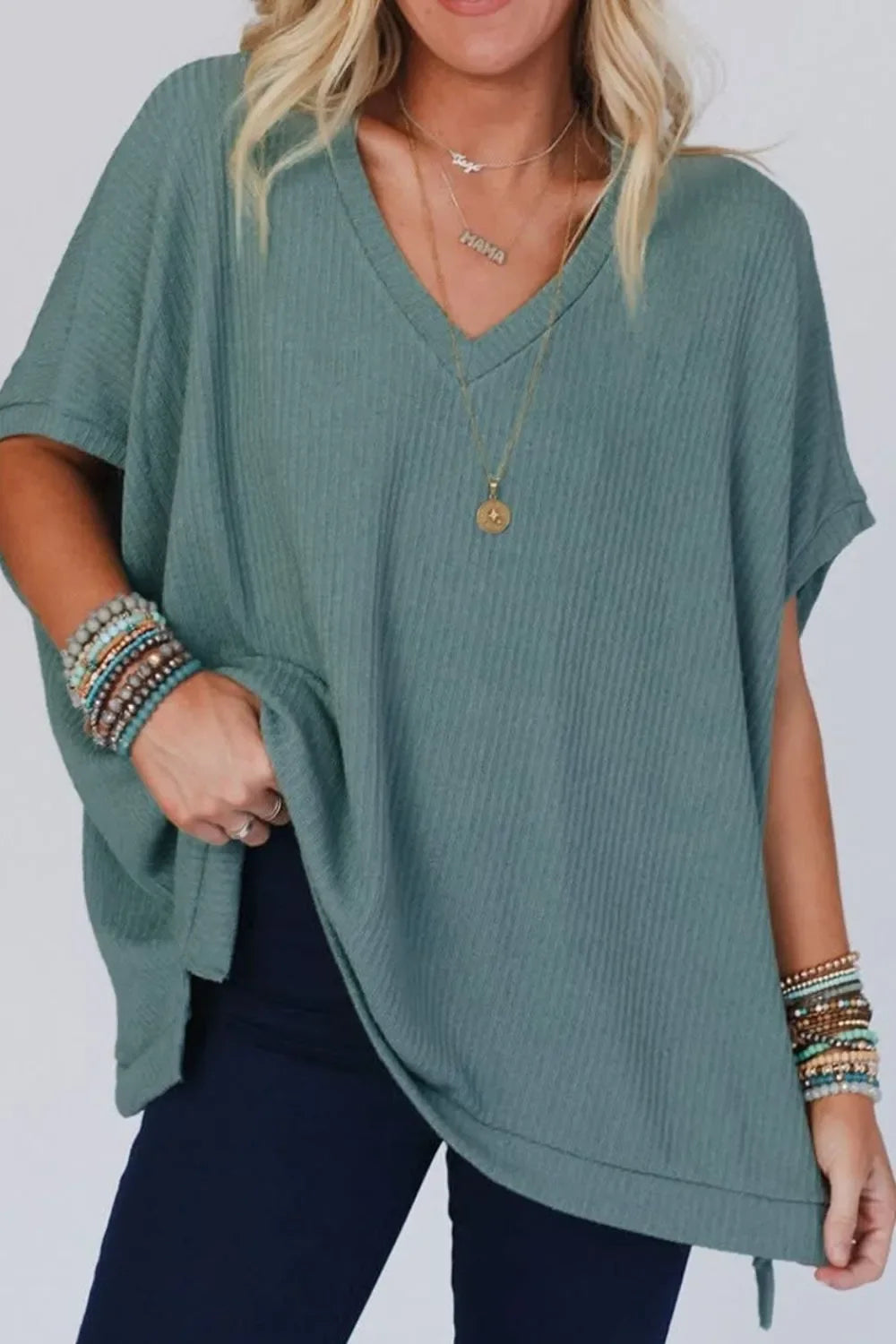 Oversized Ribbed Knit V Neck Dolman Short Sleeve Top - Southern Shores Clothing