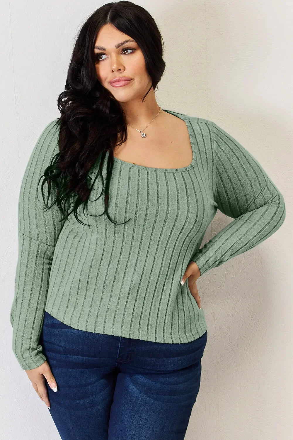 Ribbed Long Sleeve Top Stretch Knit Lightweight - Southern Shores Clothing