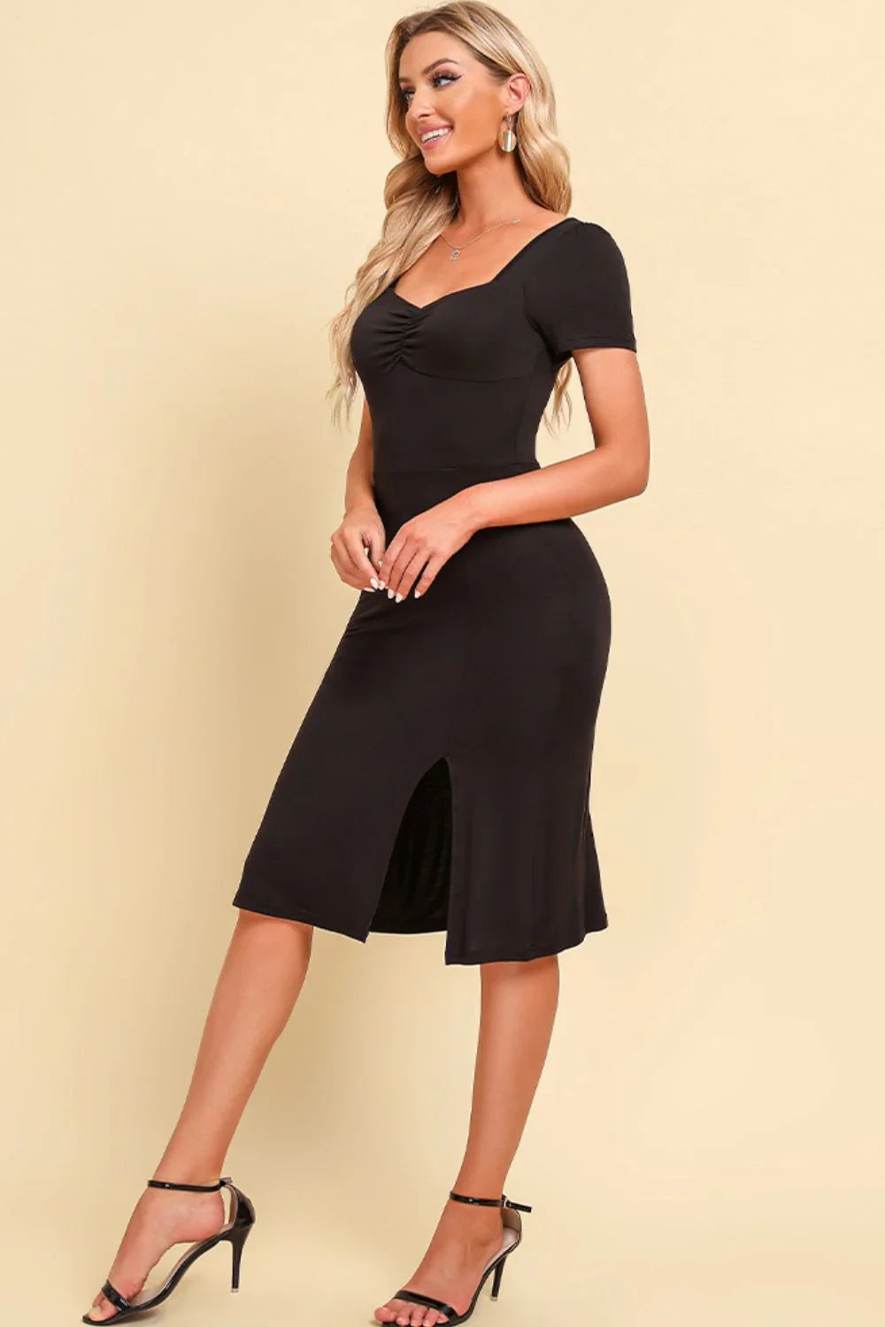 Ruched Sweetheart Neck Short Sleeve Slit Dress - Southern Shores Clothing
