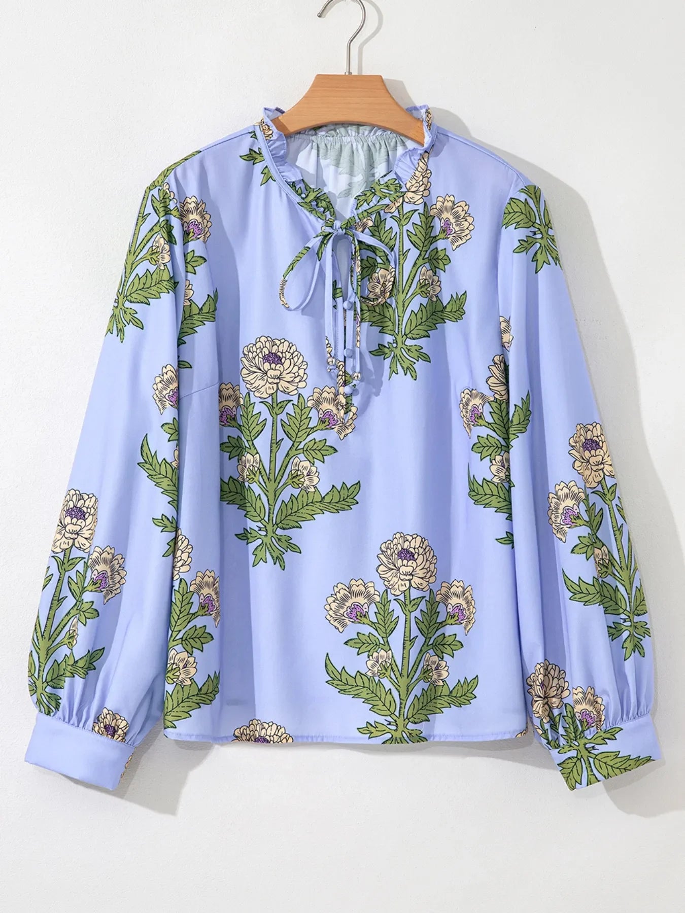 Floral Print Buttoned Long Sleeve Tie Neck Blouse - Southern Shores Clothing