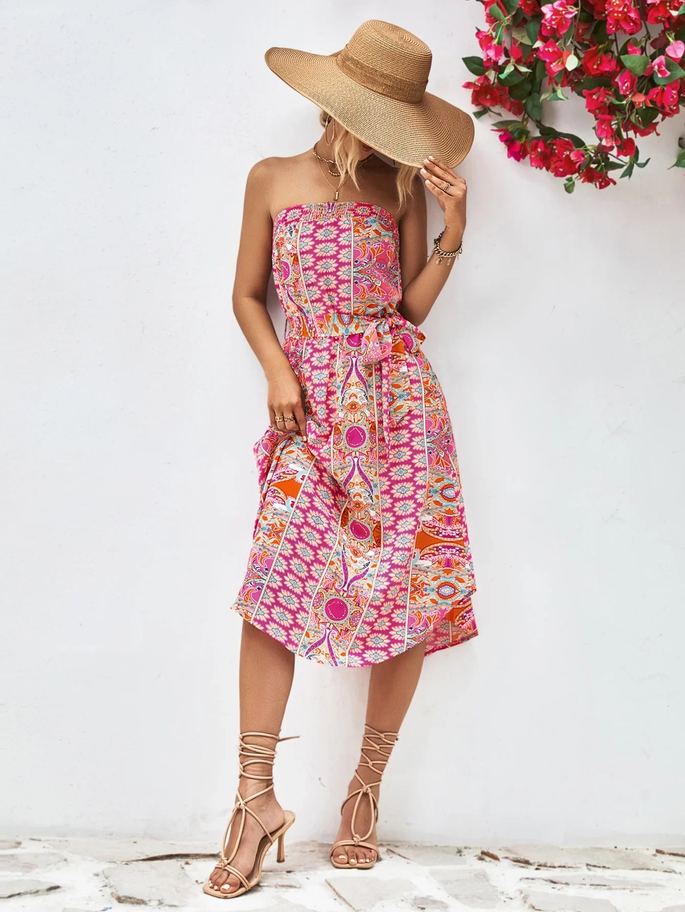 Printed Strapless Tie Belt Dress - Southern Shores Clothing