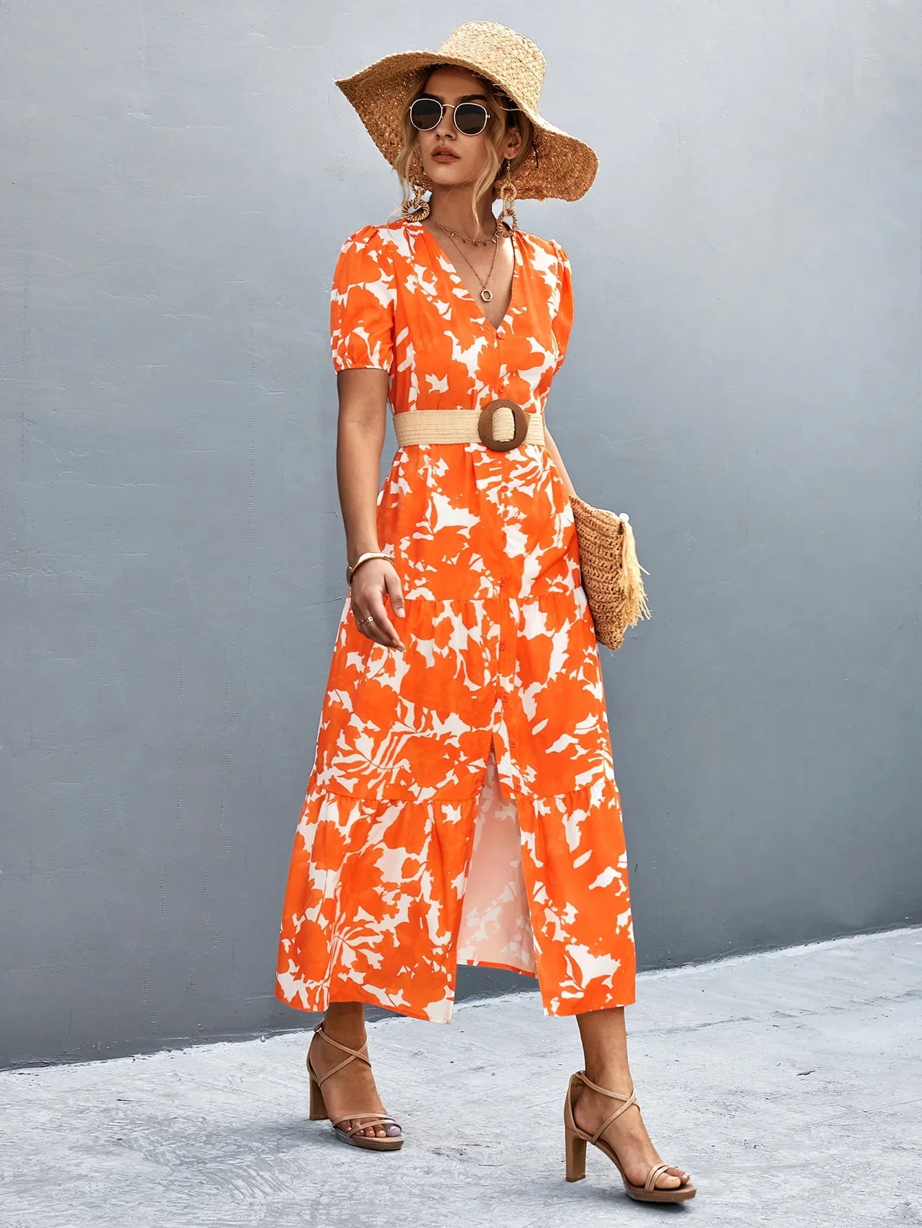 V-Neck Short Sleeve High Slit Midi Dress - Southern Shores Clothing