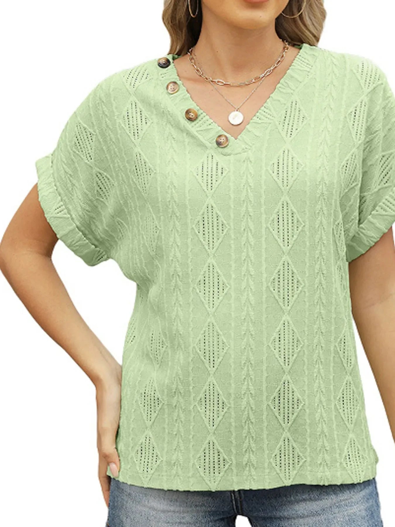 Textured V-Neck Short Sleeve Buttoned Top With Openwork - Southern Shores Clothing