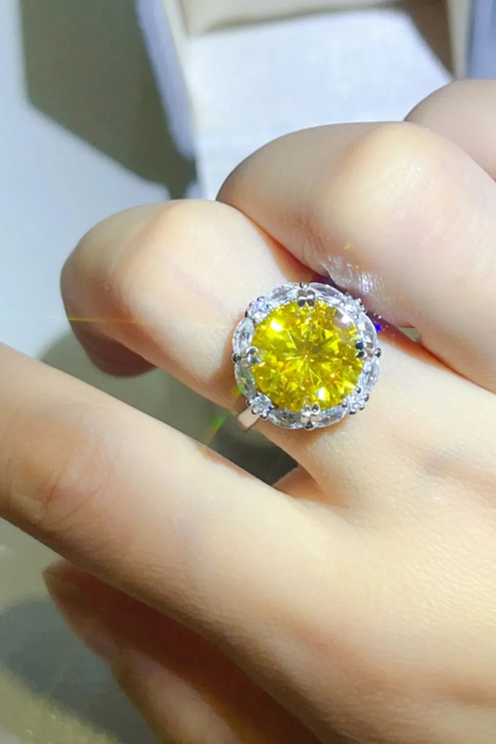 5 Carat Yellow Moissanite Sterling Silver Ring With Halo - Southern Shores Clothing