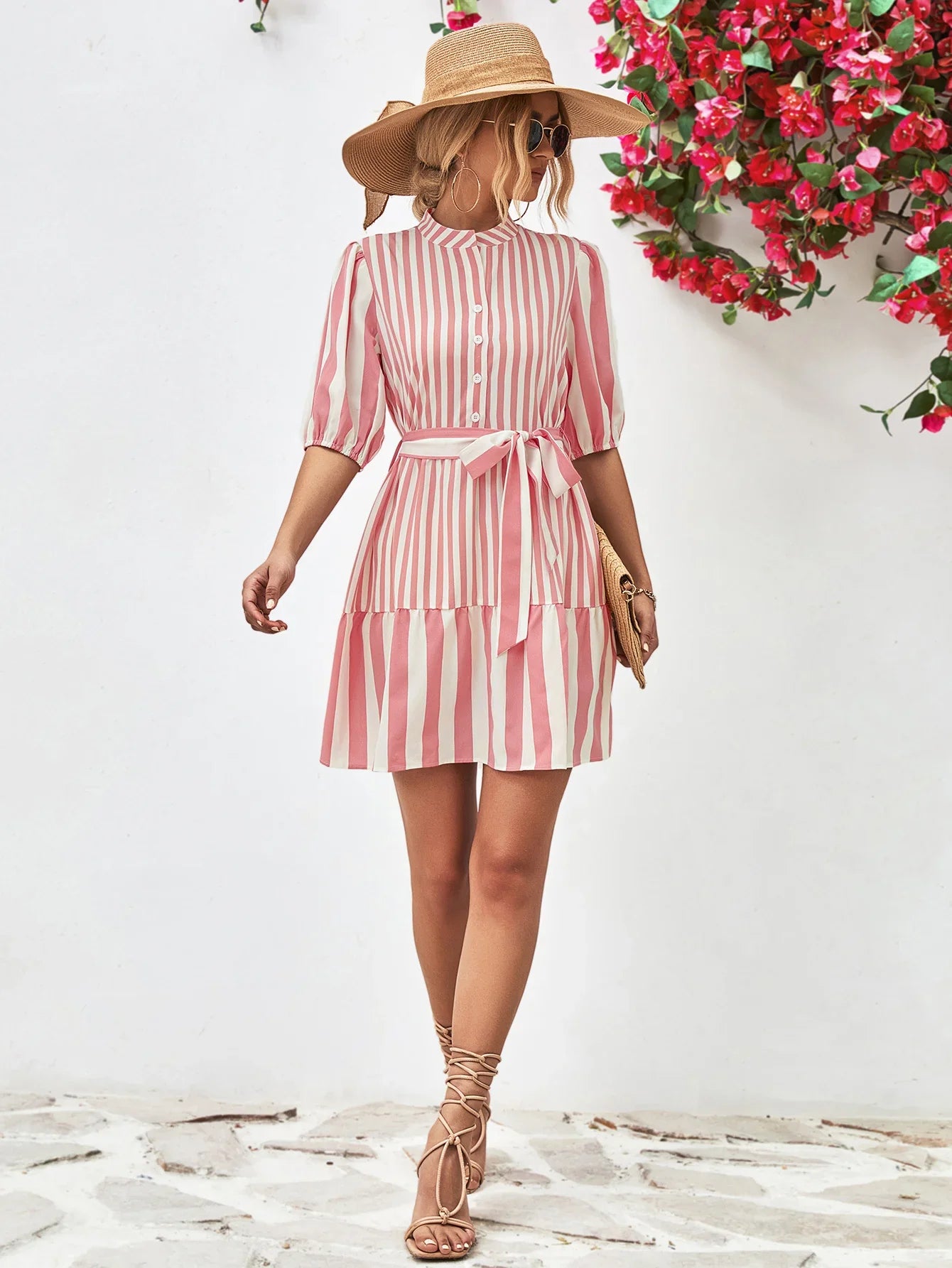 Striped Half Sleeve Tie Waist Mini Dress - Southern Shores Clothing