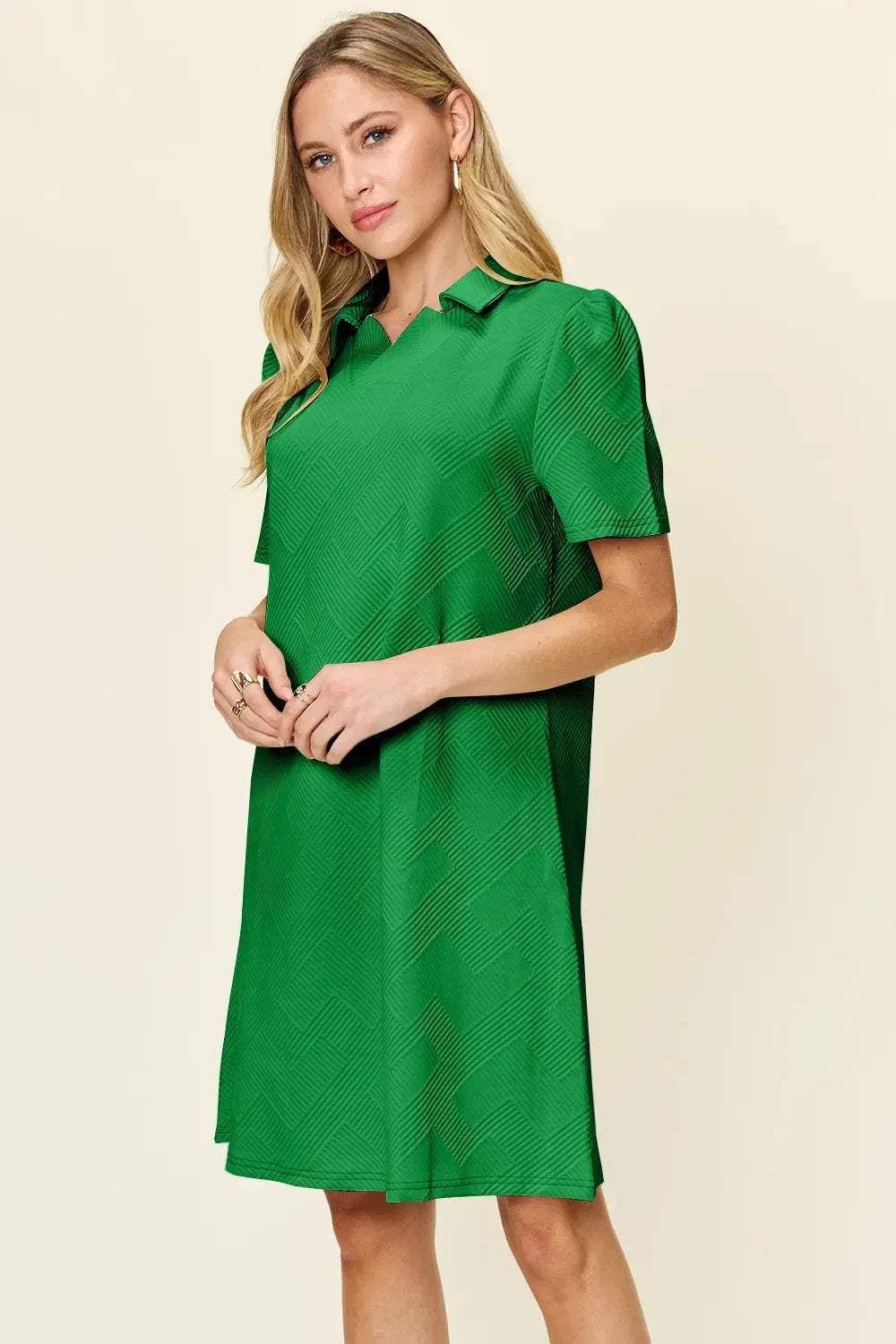 Textured Collared Neck Short Sleeve Dress - Southern Shores Clothing