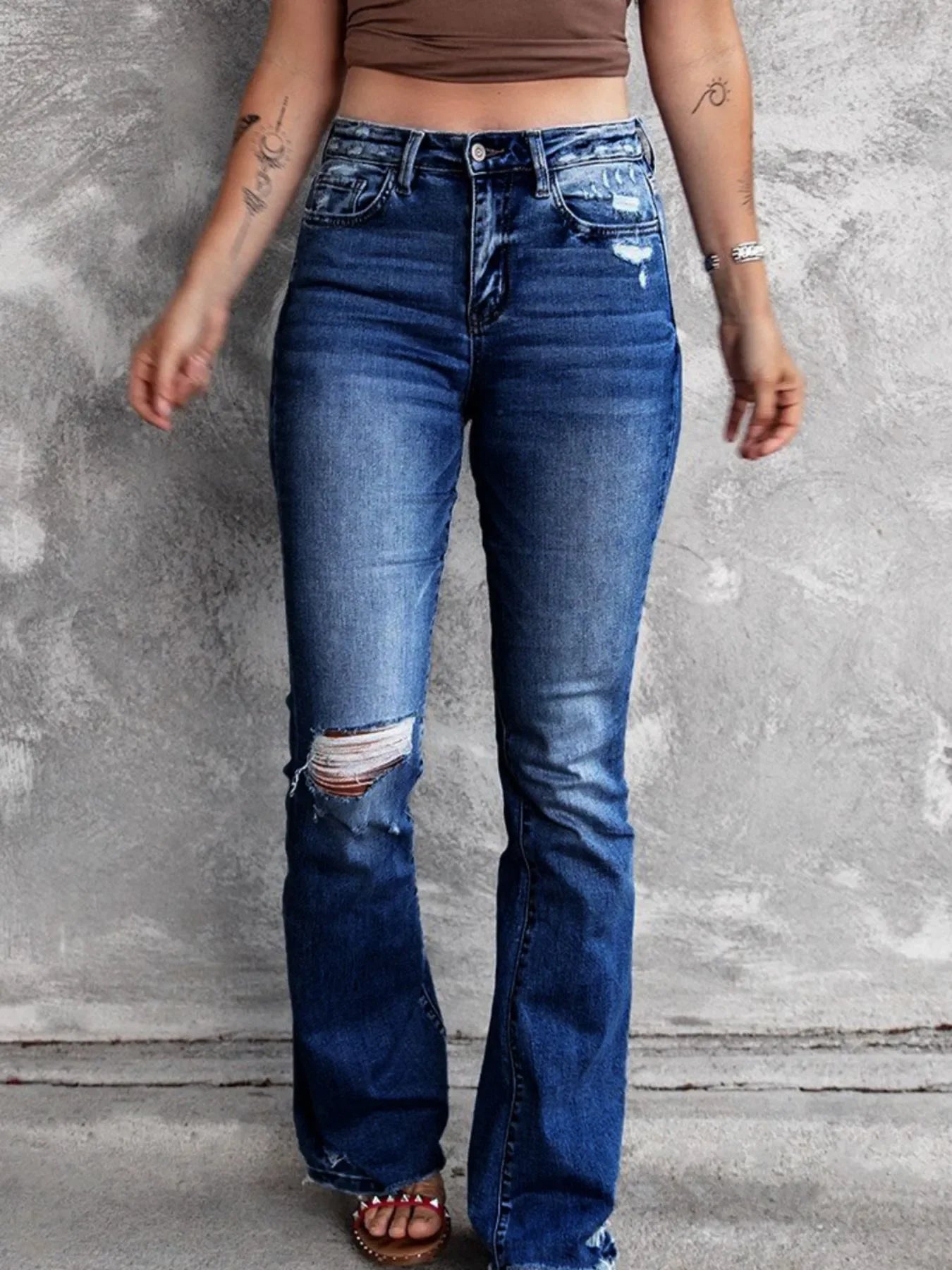 Beach Inspired Distressed Flare Jeans With Pockets - Southern Shores Clothing