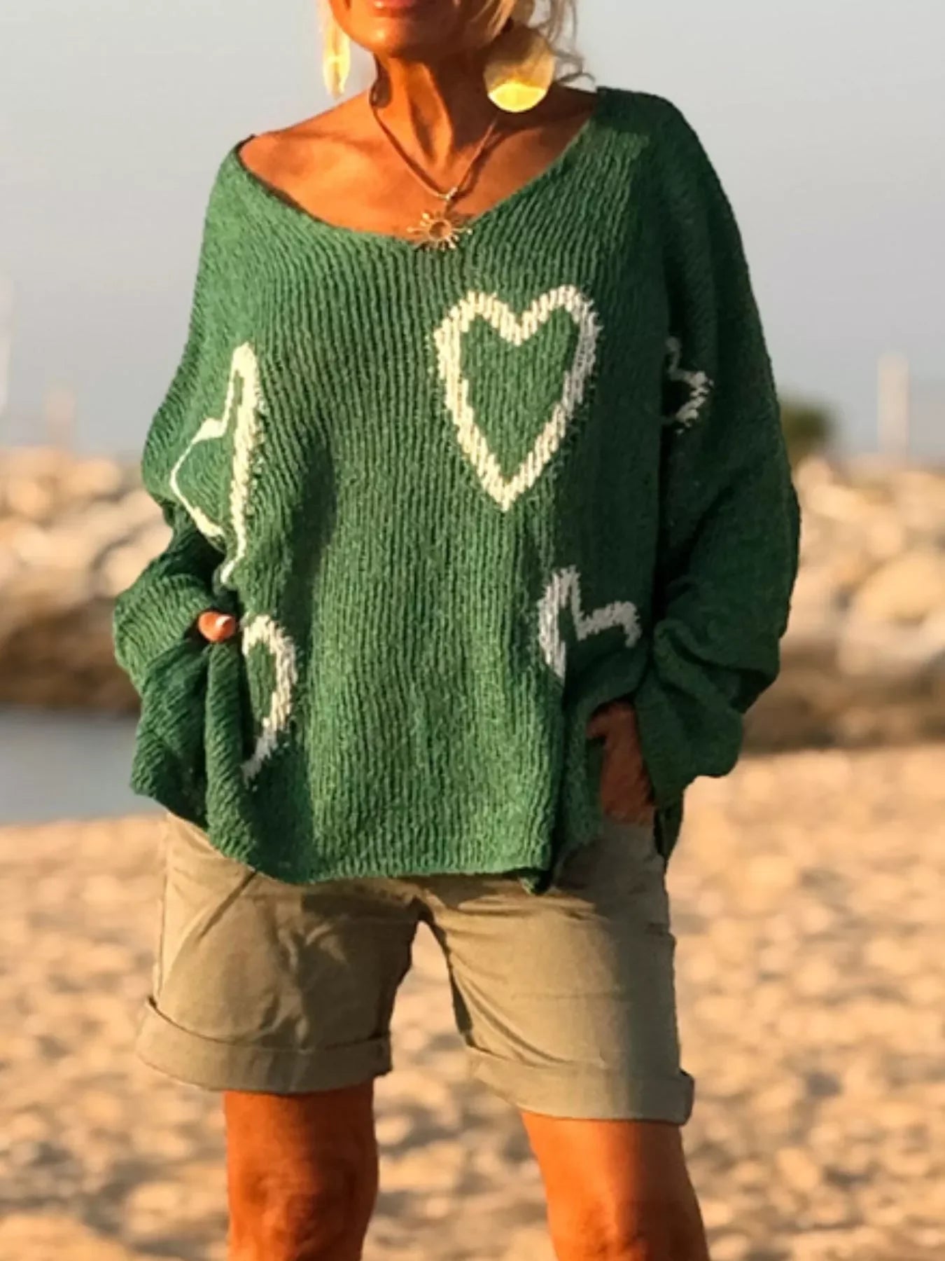 Heart V-Neck Dropped Shoulder Sweater | Southern Shores Clothing - Southern Shores Clothing