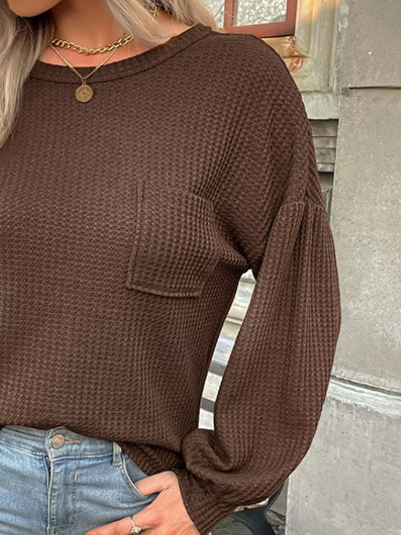 Waffle Knit Round Neck Top - Southern Shores Clothing