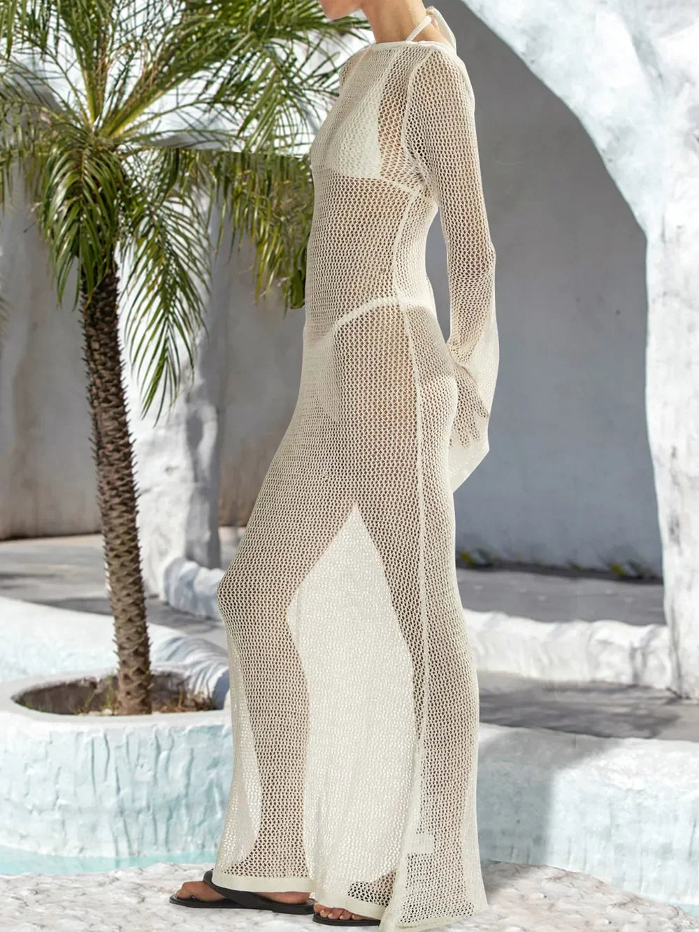 Openwork Backless Flare Sleeve Sheer Cover Up Dress - Southern Shores Clothing