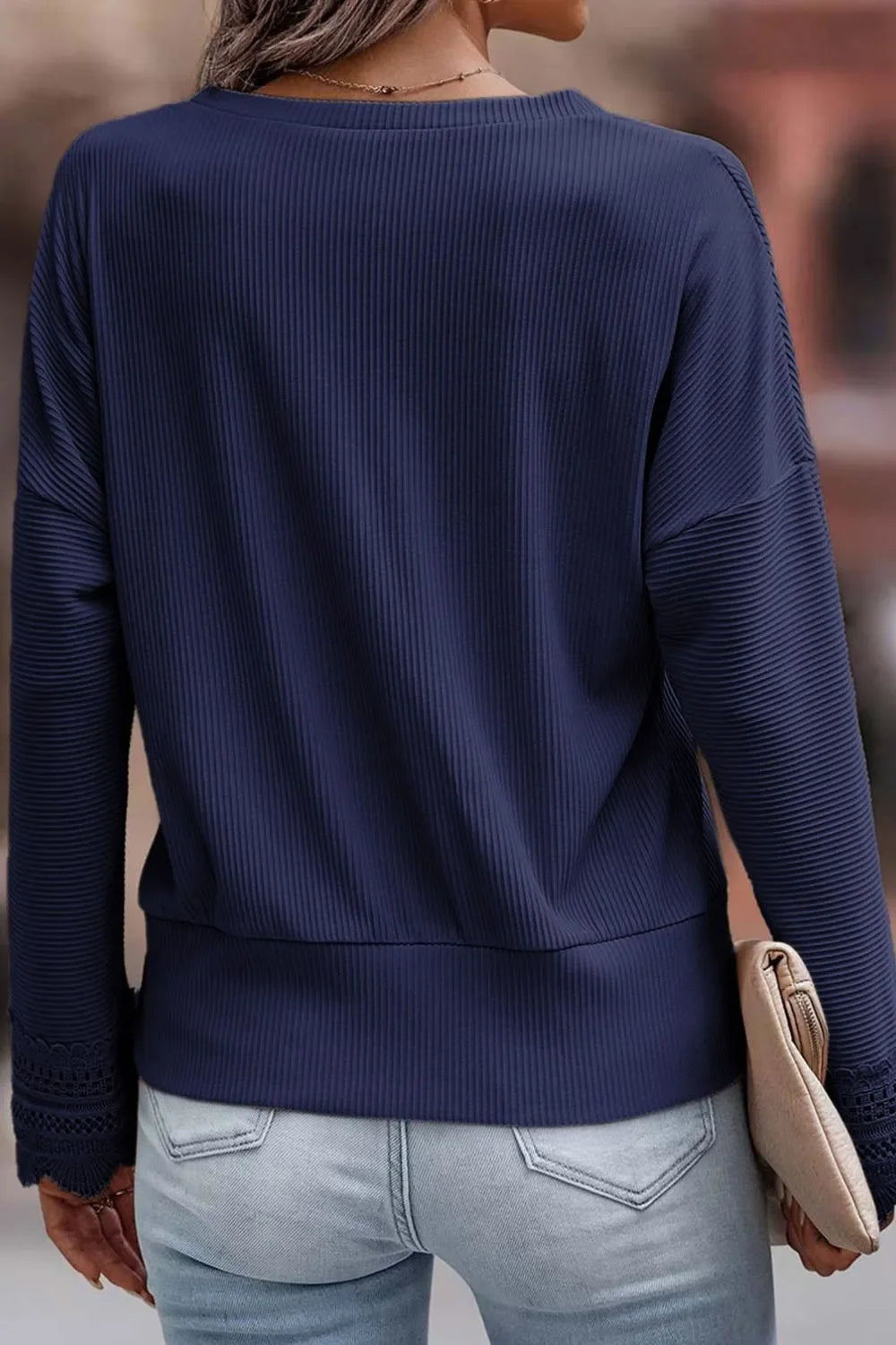 Lace Detail V-Neck Long Sleeve T-Shirt Top - Southern Shores Clothing