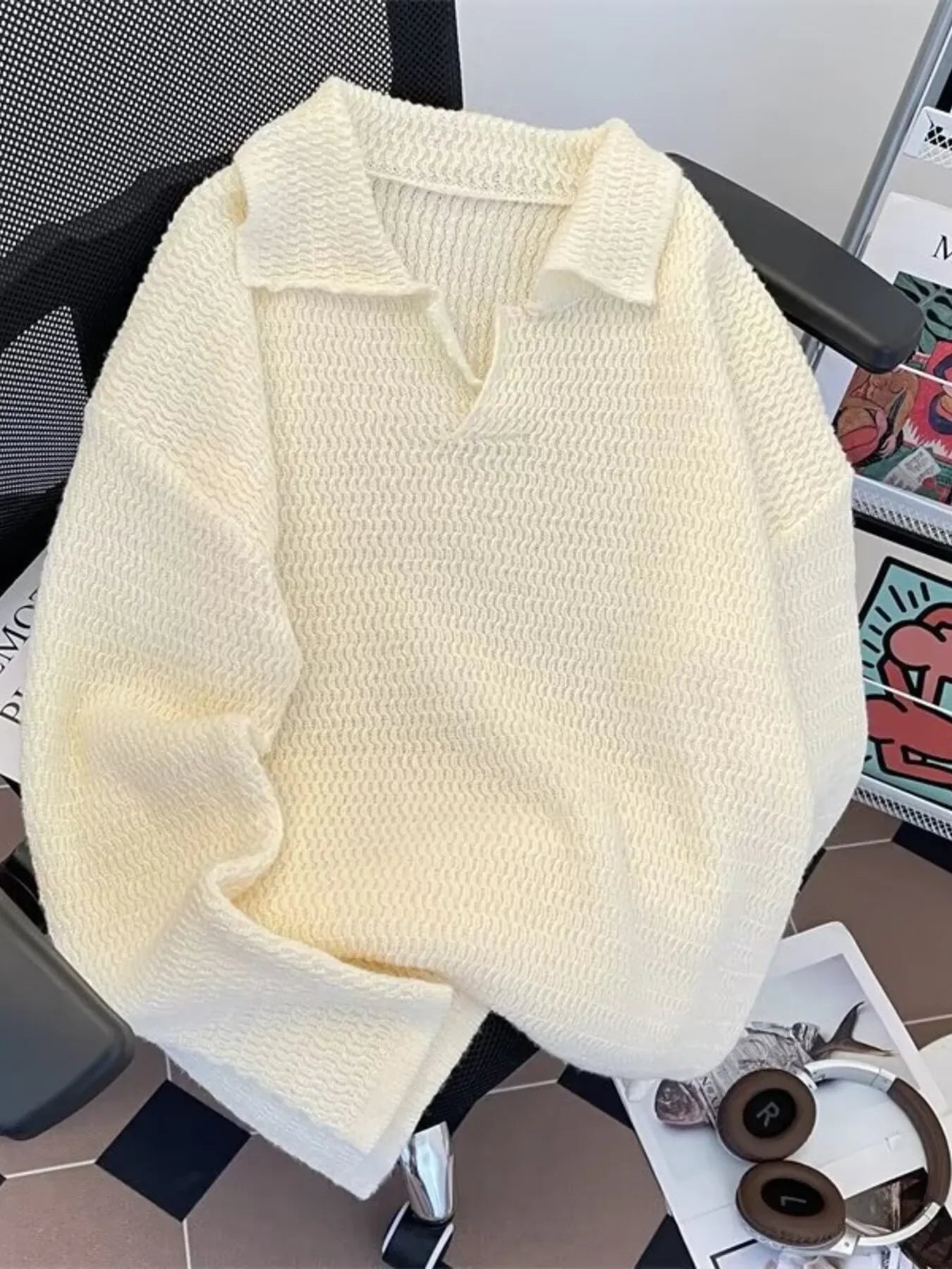Textured Knit Polo Collar Stretch Sweater