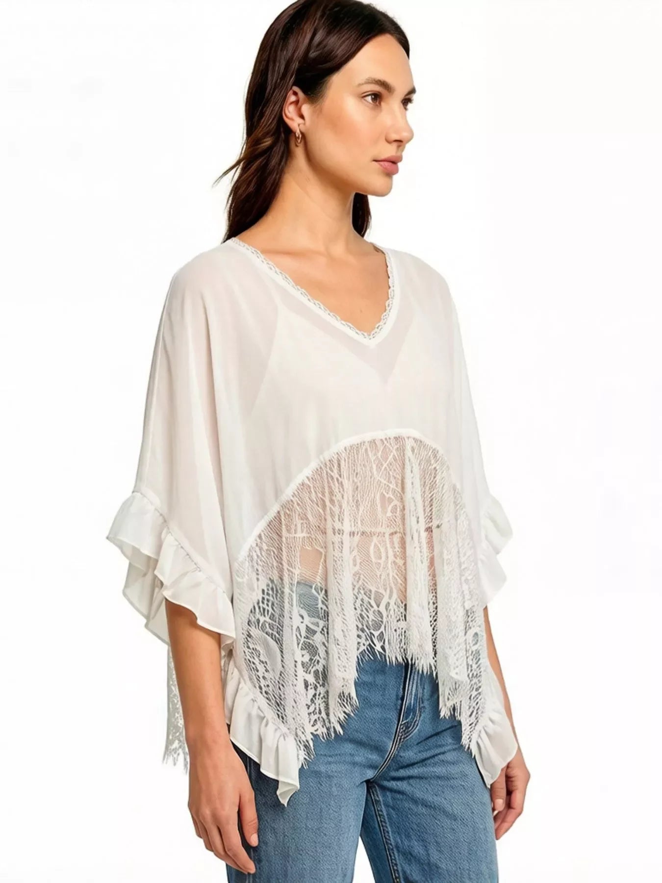 Lace Trim Sheer Flowy Cover Up With V Neck And Ruffle Details - Southern Shores Clothing