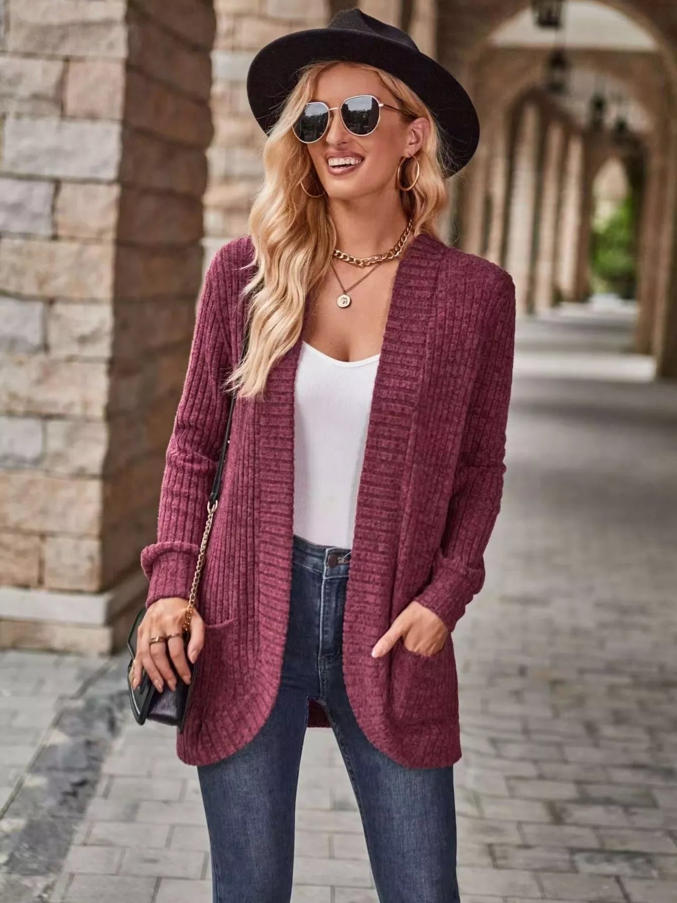 Open Front Ribbed Knit Cardigan