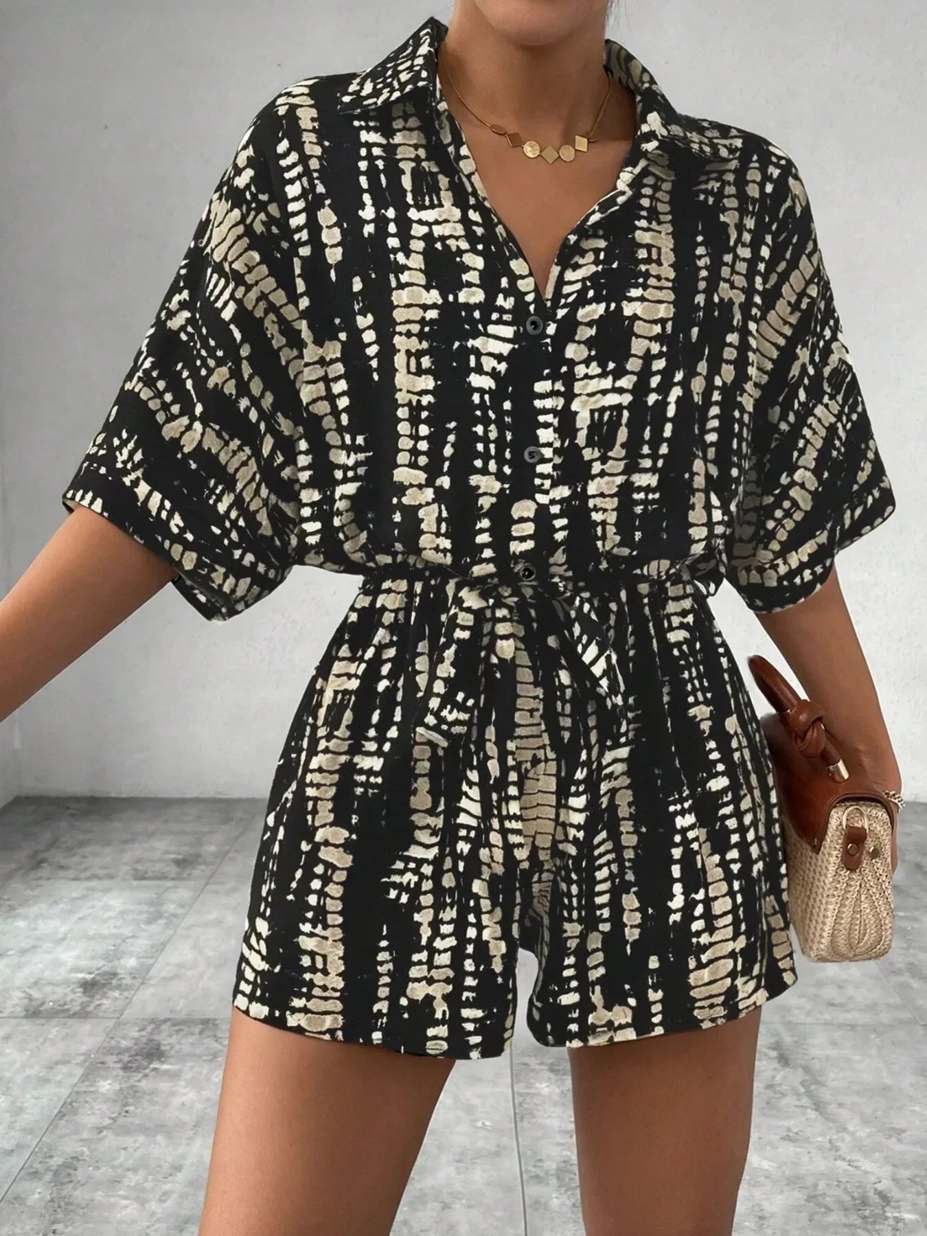 Belted Buttoned Collar Neck Short Sleeve Romper - Southern Shores Clothing