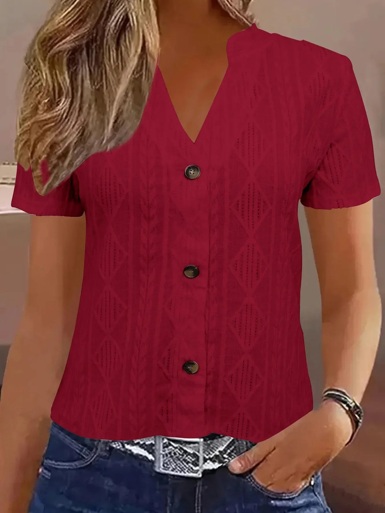 Textured Notched Short Sleeve Ribbed Buttoned Blouse - Southern Shores Clothing