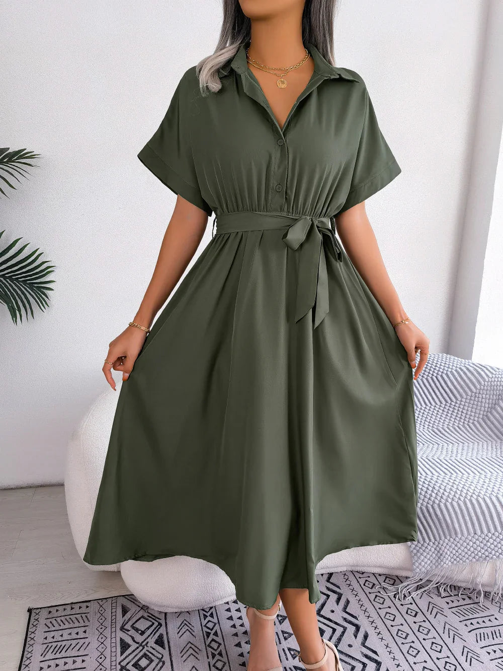 Short Sleeve Collared Tie Belt Dress - Southern Shores Clothing