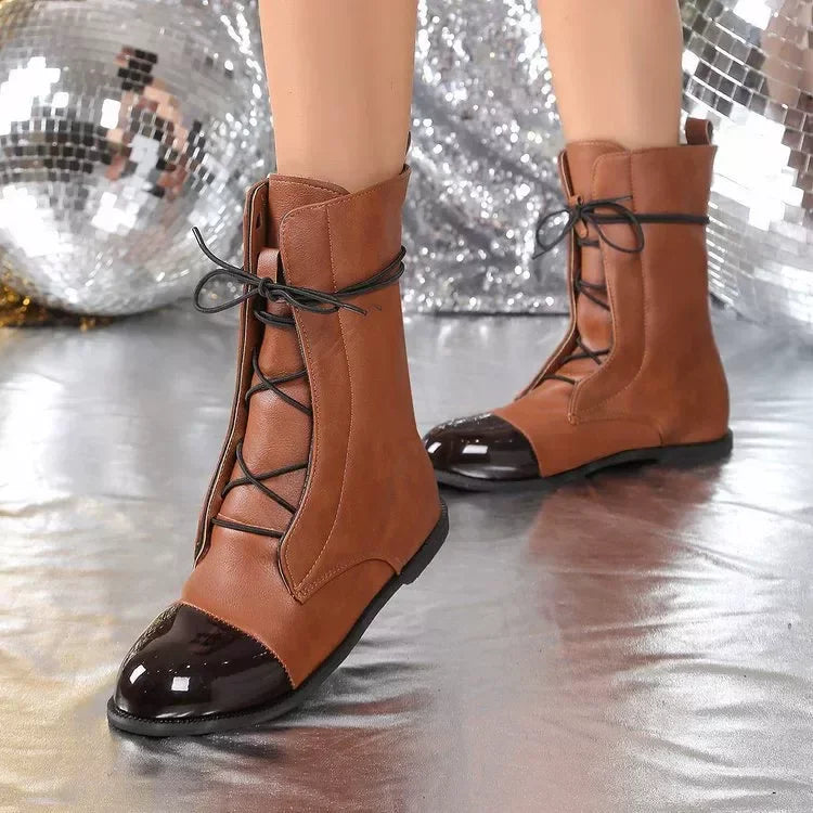 Lace Up Leather Boots With Flat Heel Classic - Southern Shores Clothing