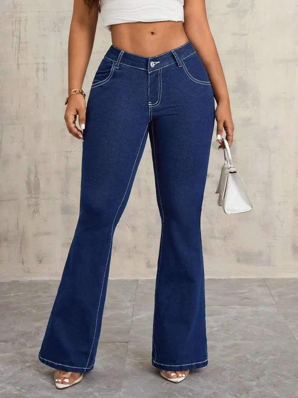 Denim Flare Jeans With Pockets Button Detail - Southern Shores Clothing