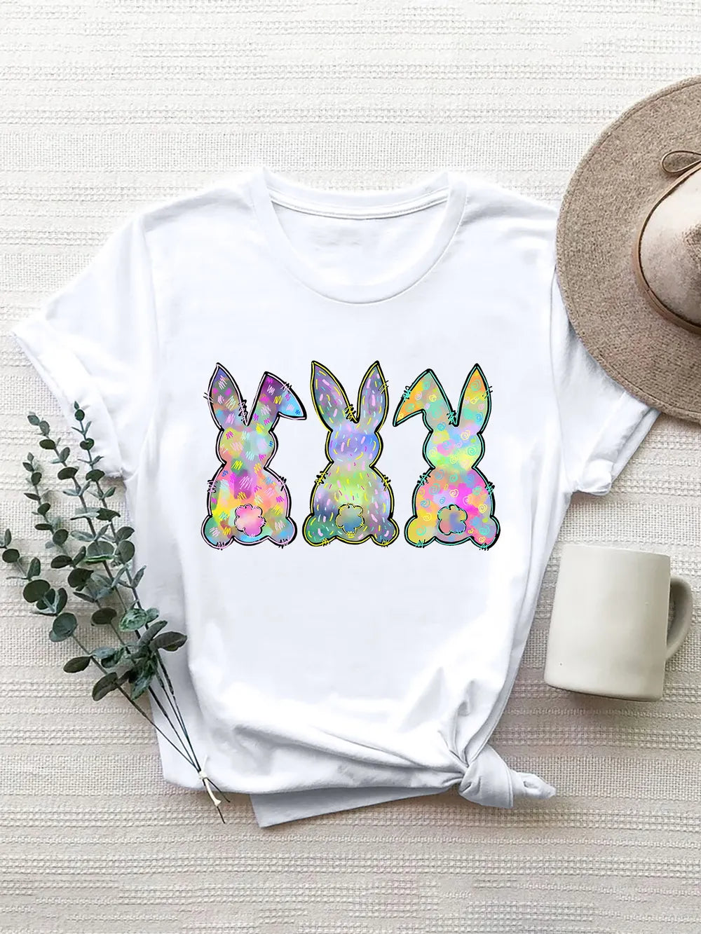 Women's Rabbit Design Round Neck Short Sleeve T-Shirt